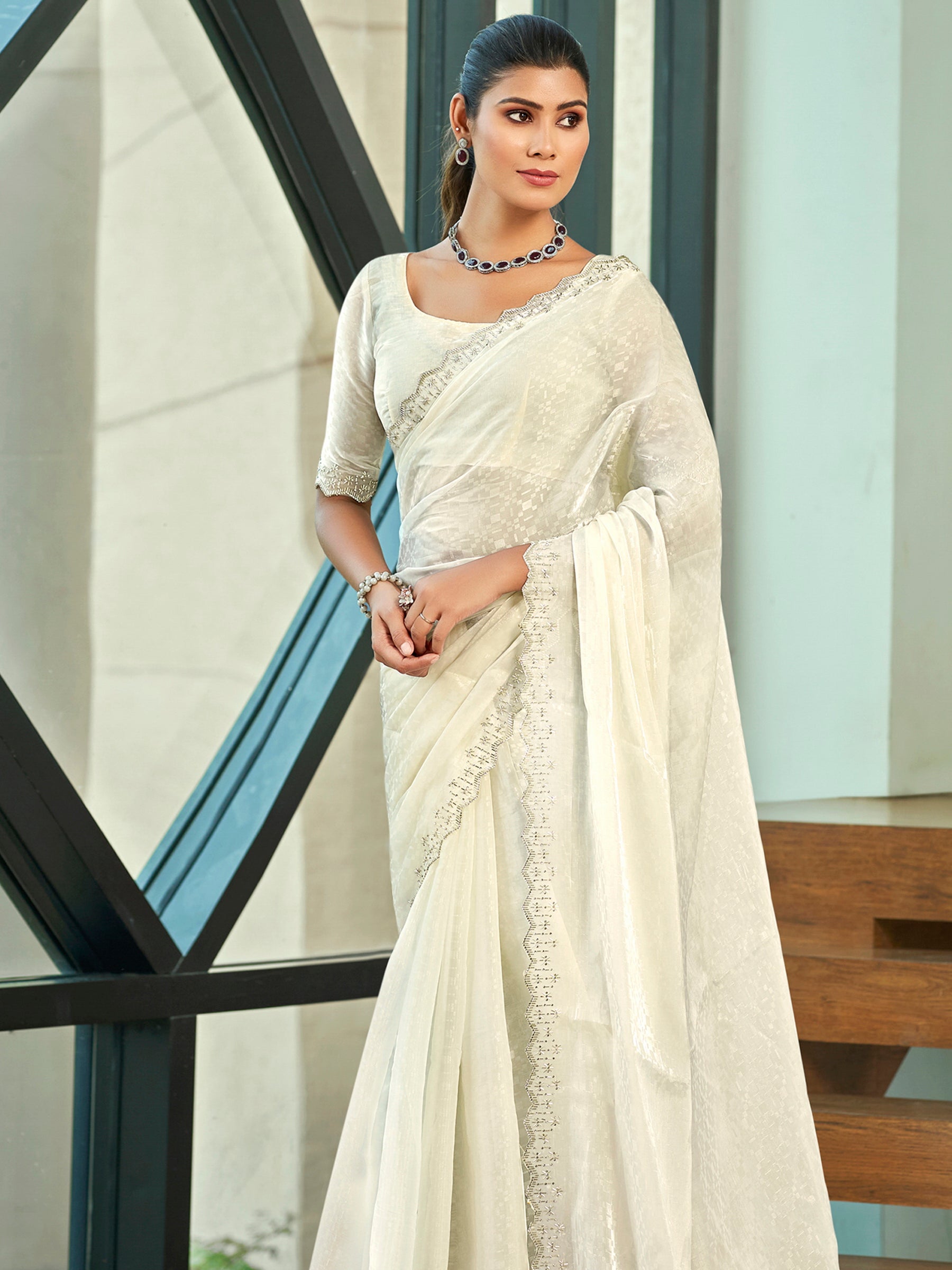 Cream Silk Blend Saree with Beaded Border and Crystal Cutwork