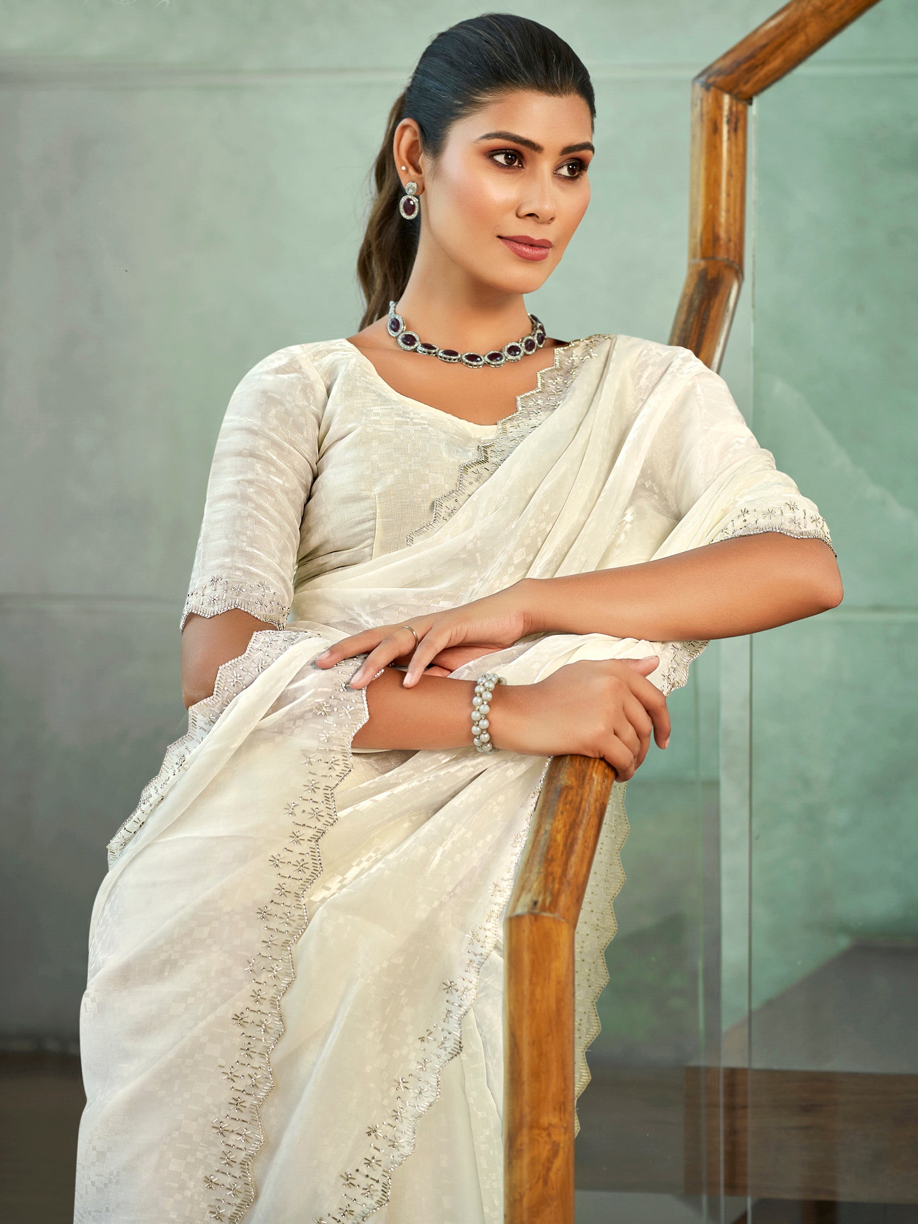 Cream Silk Blend Saree with Beaded Border and Crystal Cutwork