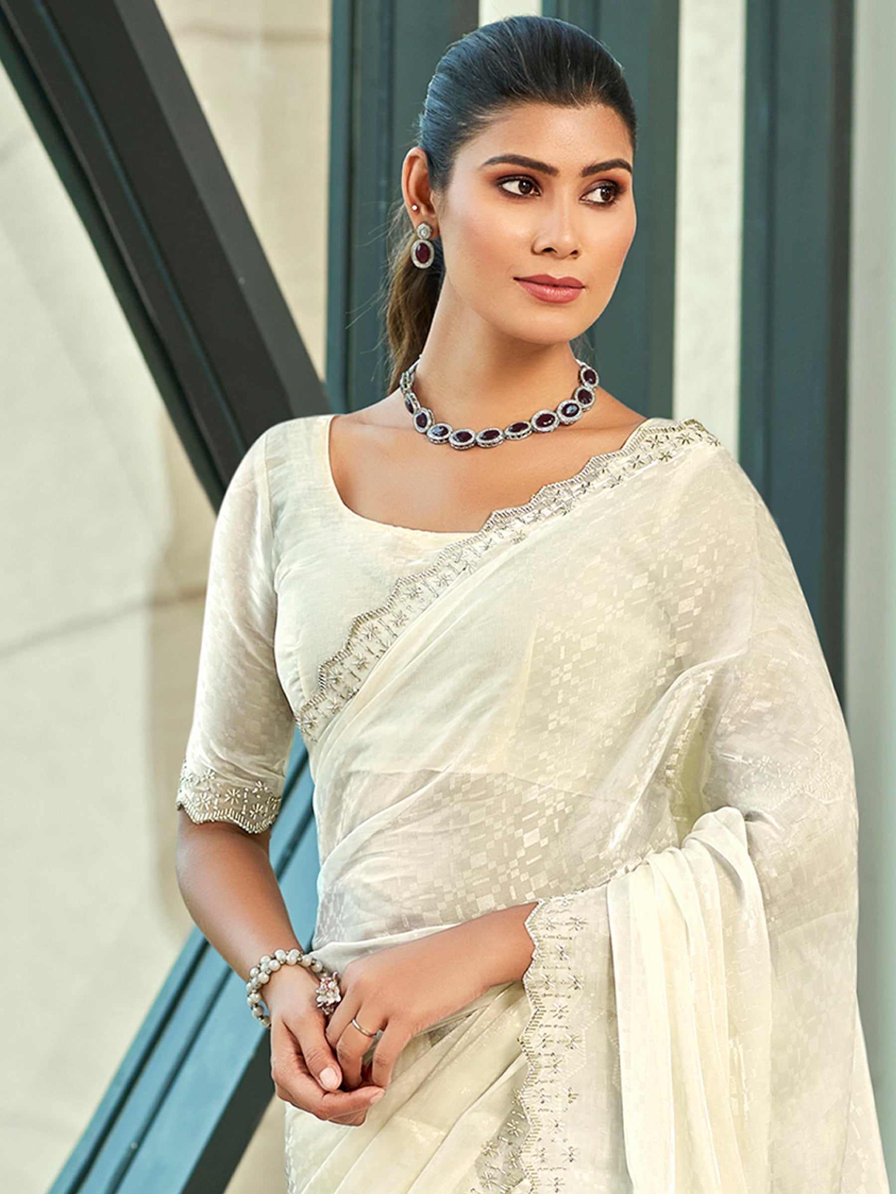 Cream Silk Blend Saree with Beaded Border and Crystal Cutwork