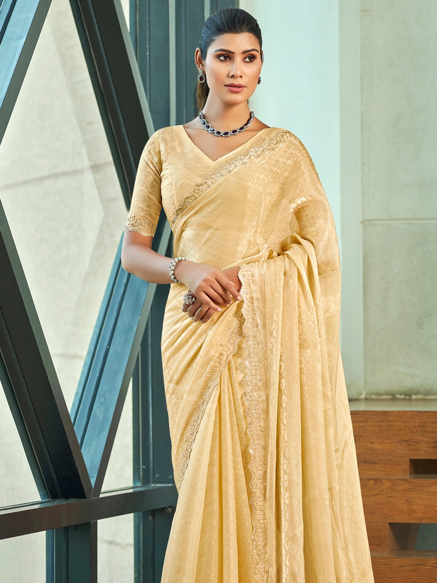 Ivory Silk Blend Saree with Beads & Crystal Cutwork