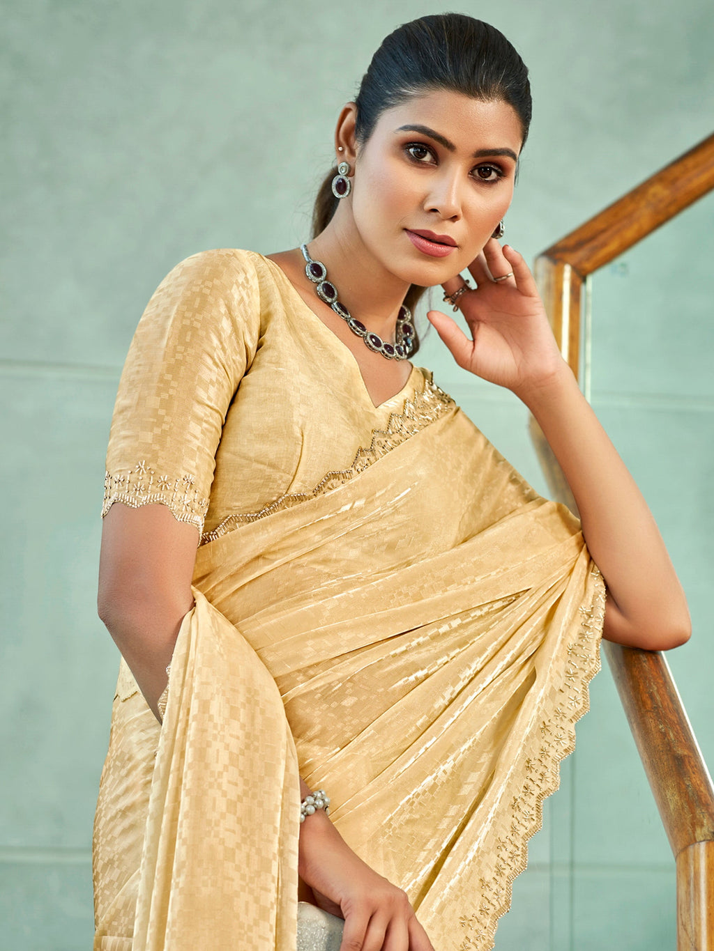 Ivory Silk Blend Saree with Beads & Crystal Cutwork