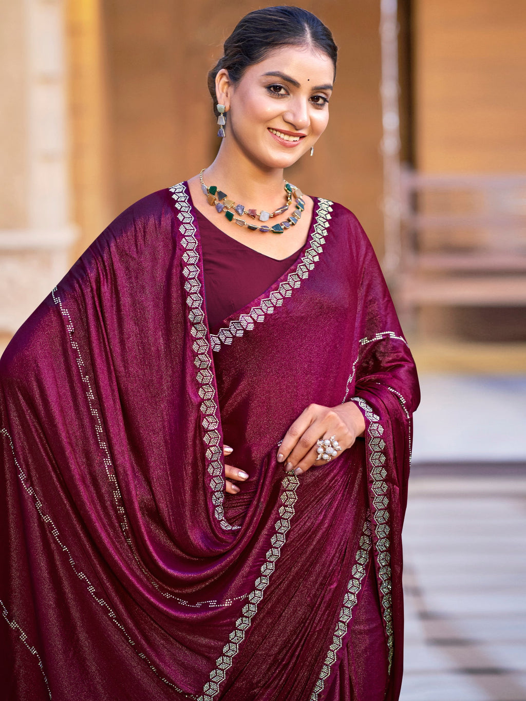 Jyoti Fashion Women's Maroon Shimmer Chiffon Embellished Border with Crystal Lines Saree with Blouse