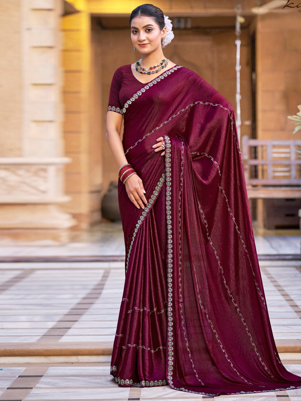 Jyoti Fashion Women's Maroon Shimmer Chiffon Embellished Border with Crystal Lines Saree with Blouse