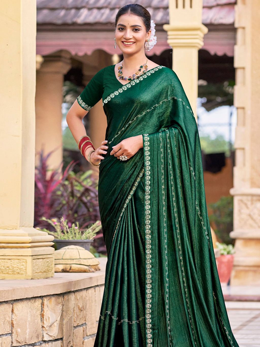 Green Shimmer Chiffon Saree with Crystal Line Embellishments