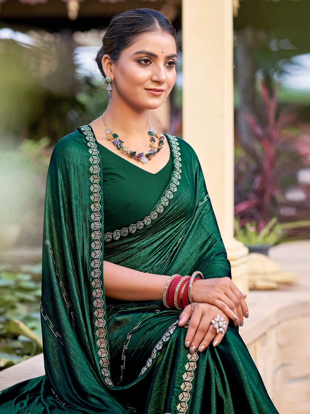 Green Shimmer Chiffon Saree with Crystal Line Embellishments