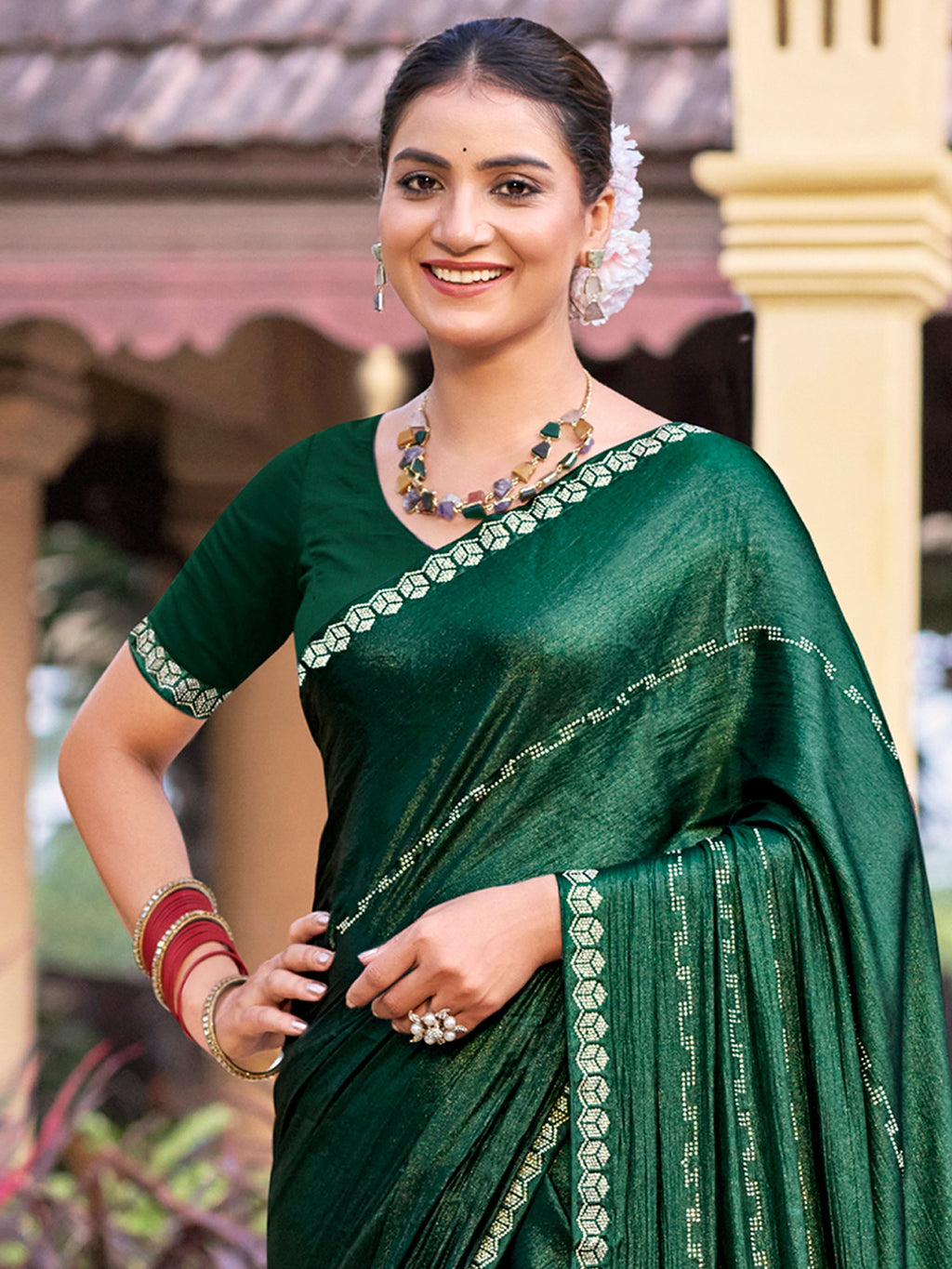 Green Shimmer Chiffon Saree with Crystal Line Embellishments