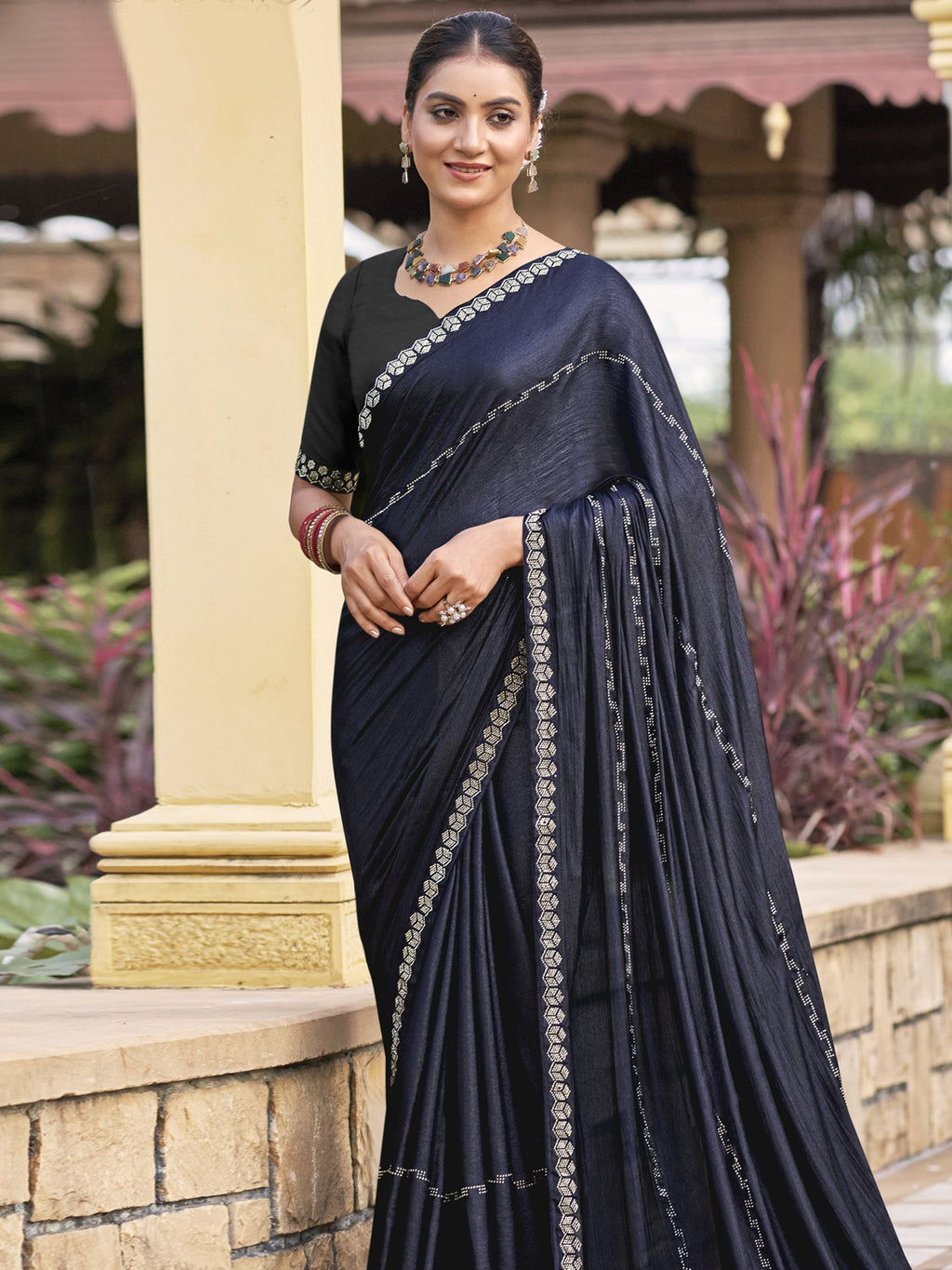 Mid Night Blue Shimmer Chiffon Saree with Crystal Border
