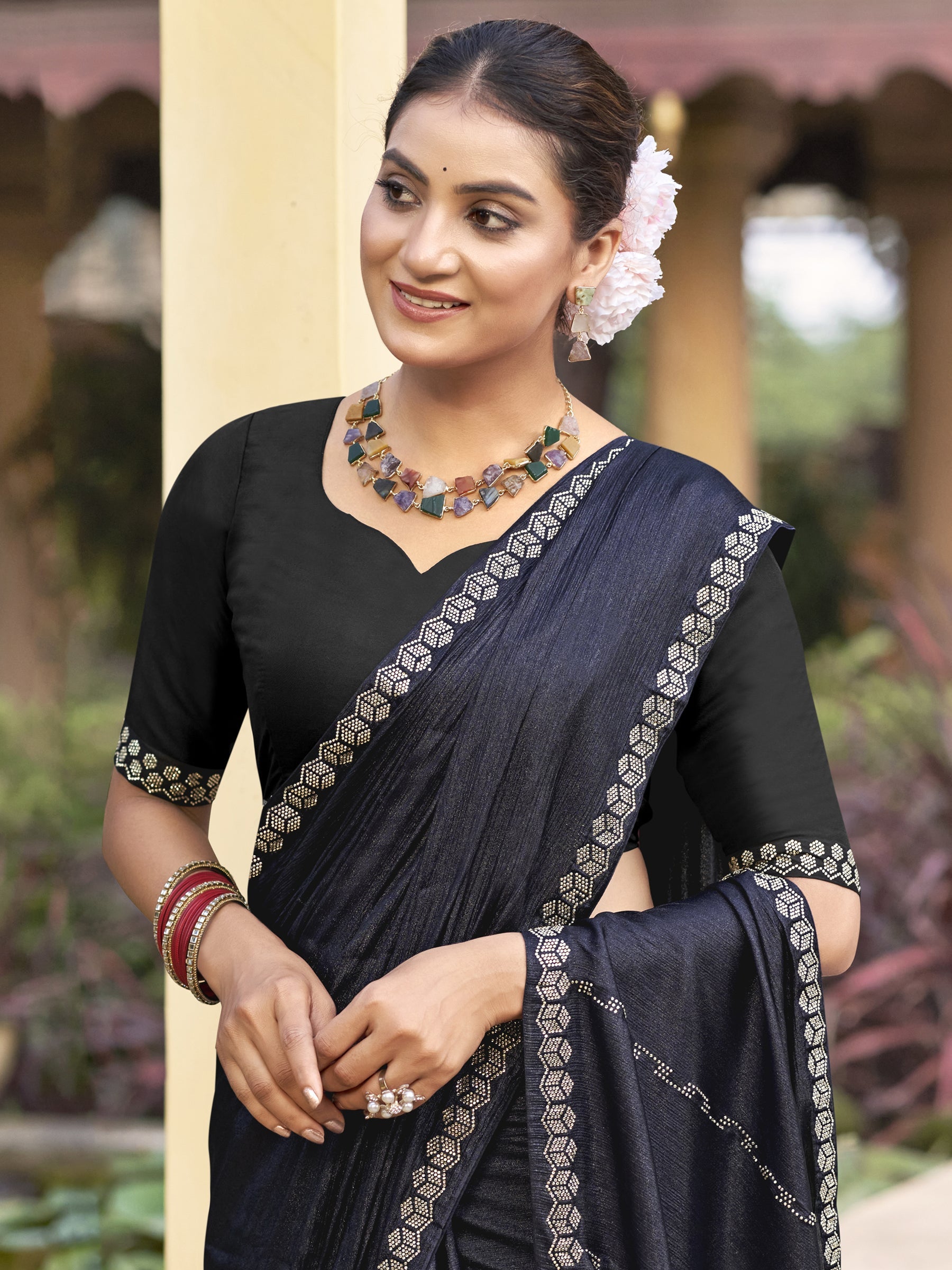 Mid Night Blue Shimmer Chiffon Saree with Crystal Border