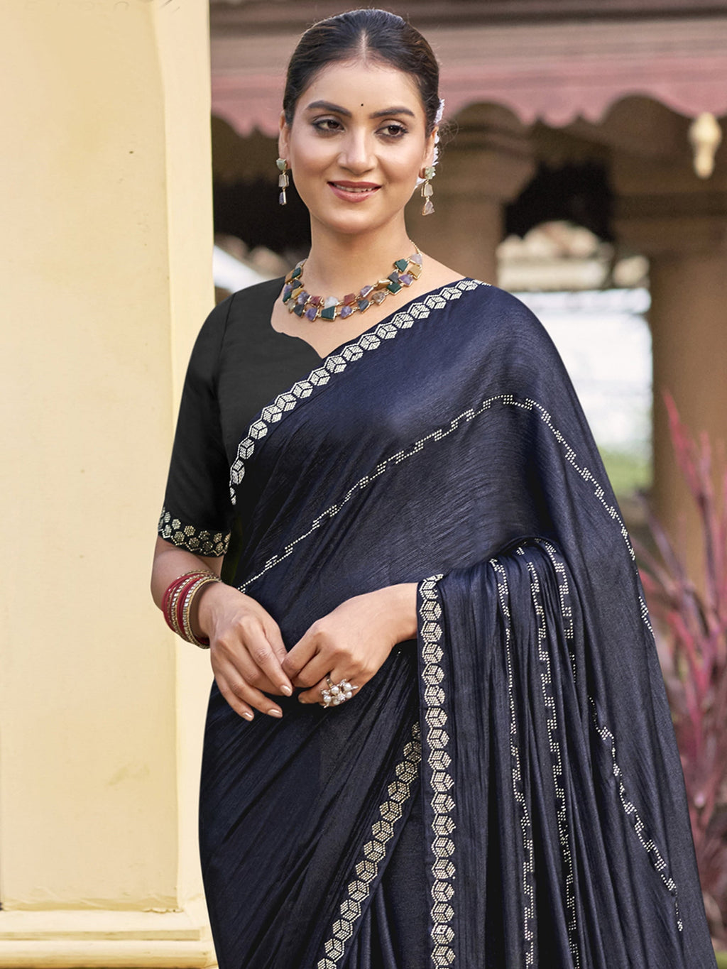 Mid Night Blue Shimmer Chiffon Saree with Crystal Border