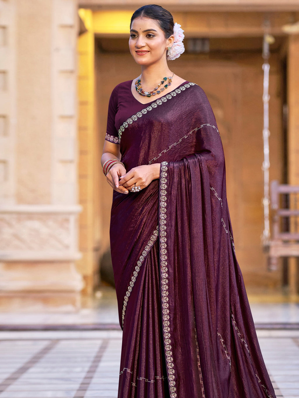 Wine Shimmer Chiffon Saree with Crystal Lines and Designer Border