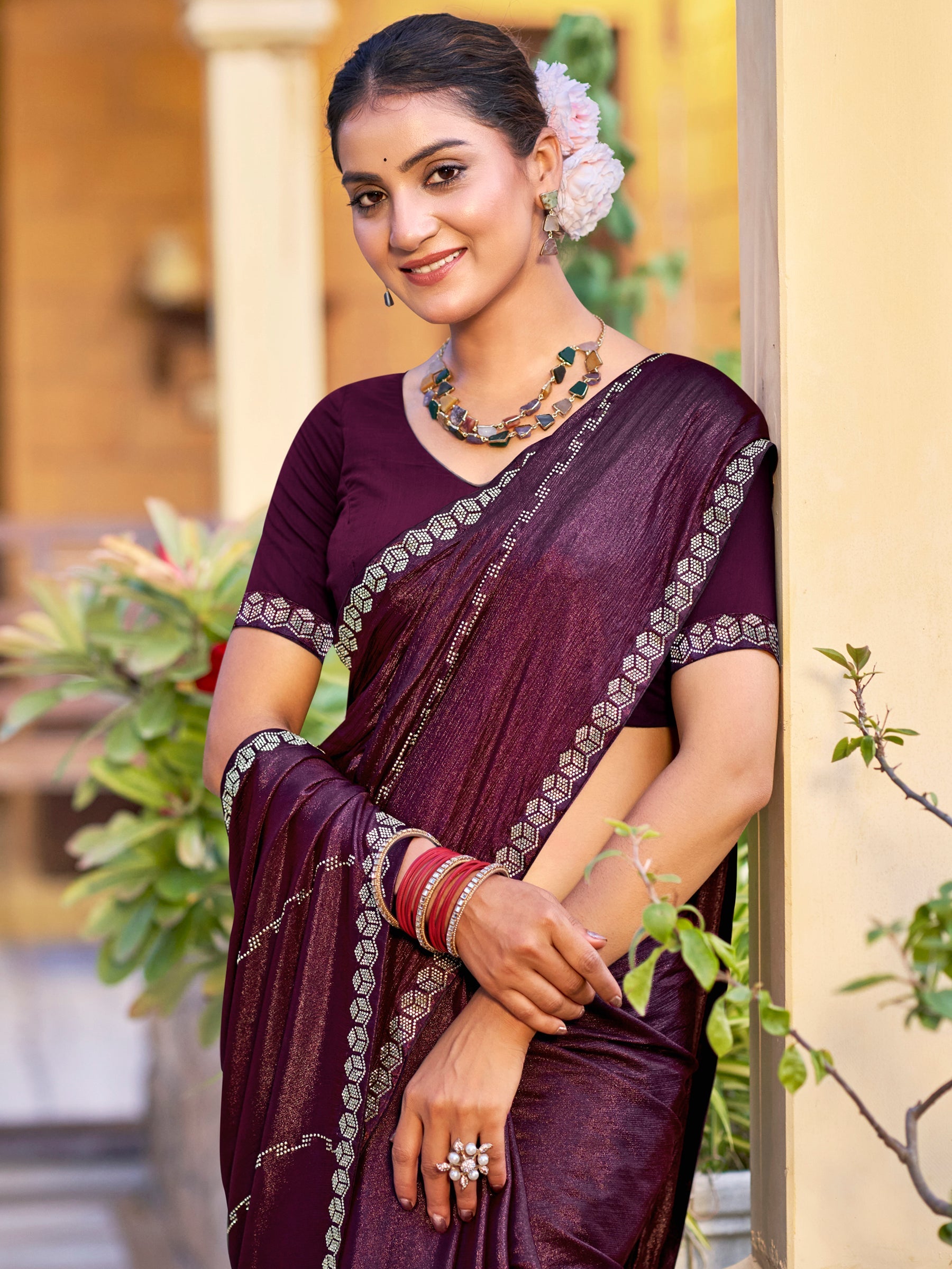 Wine Shimmer Chiffon Saree with Crystal Lines and Designer Border