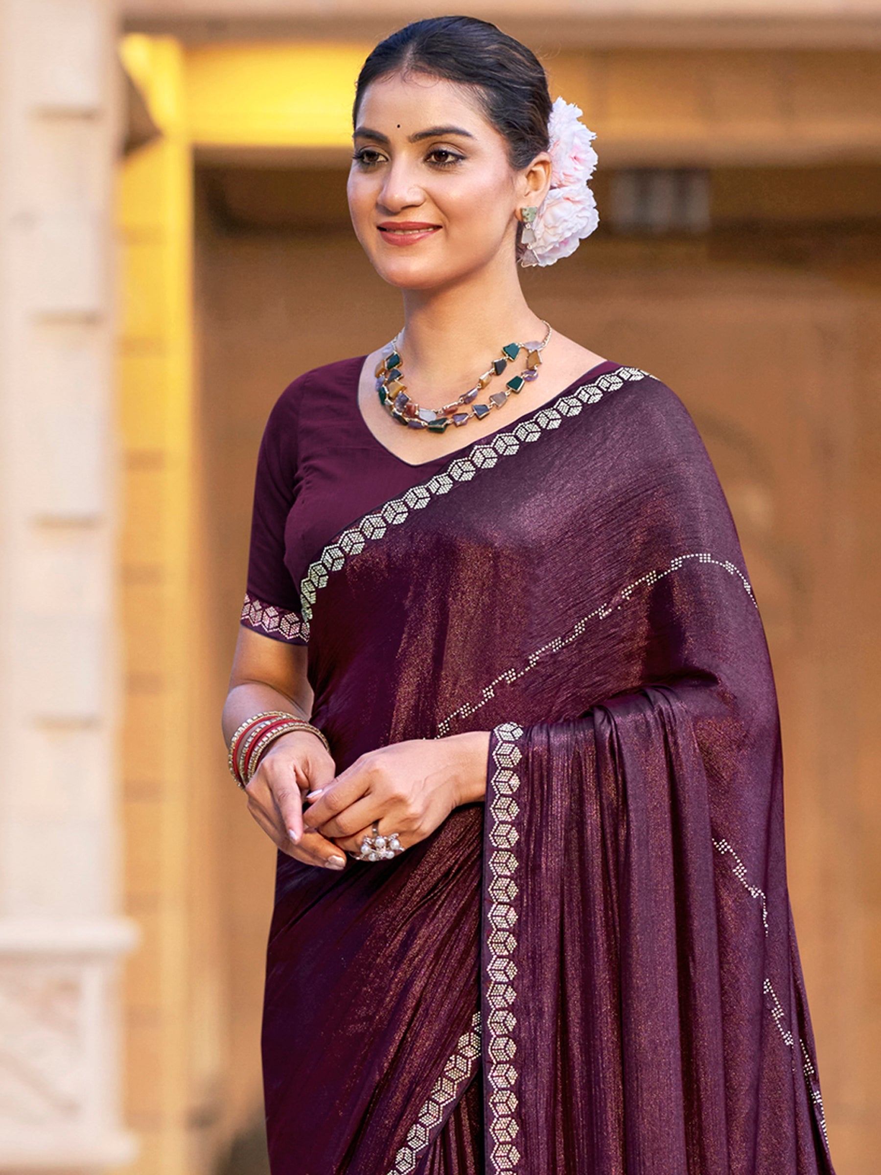Wine Shimmer Chiffon Saree with Crystal Lines and Designer Border