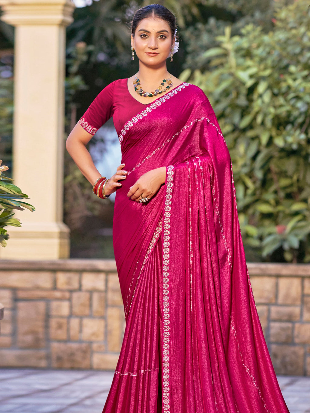 Magenta Shimmer Chiffon Saree with Crystal Embellished Border