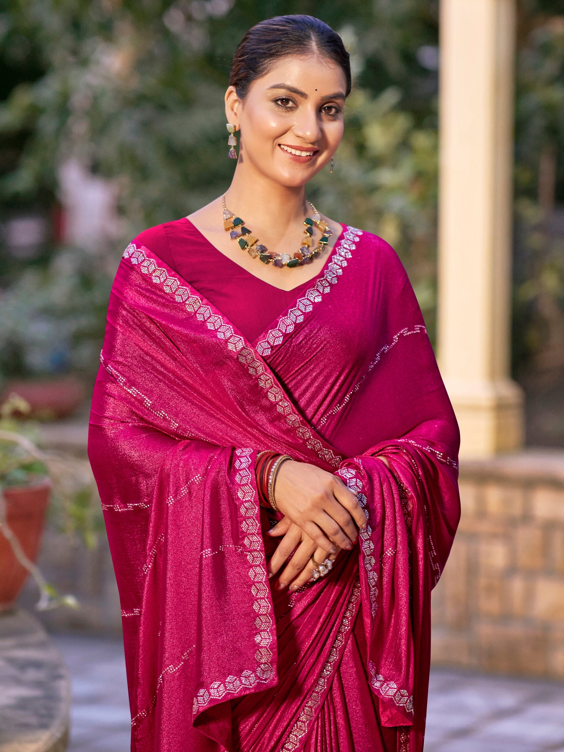 Magenta Shimmer Chiffon Saree with Crystal Embellished Border