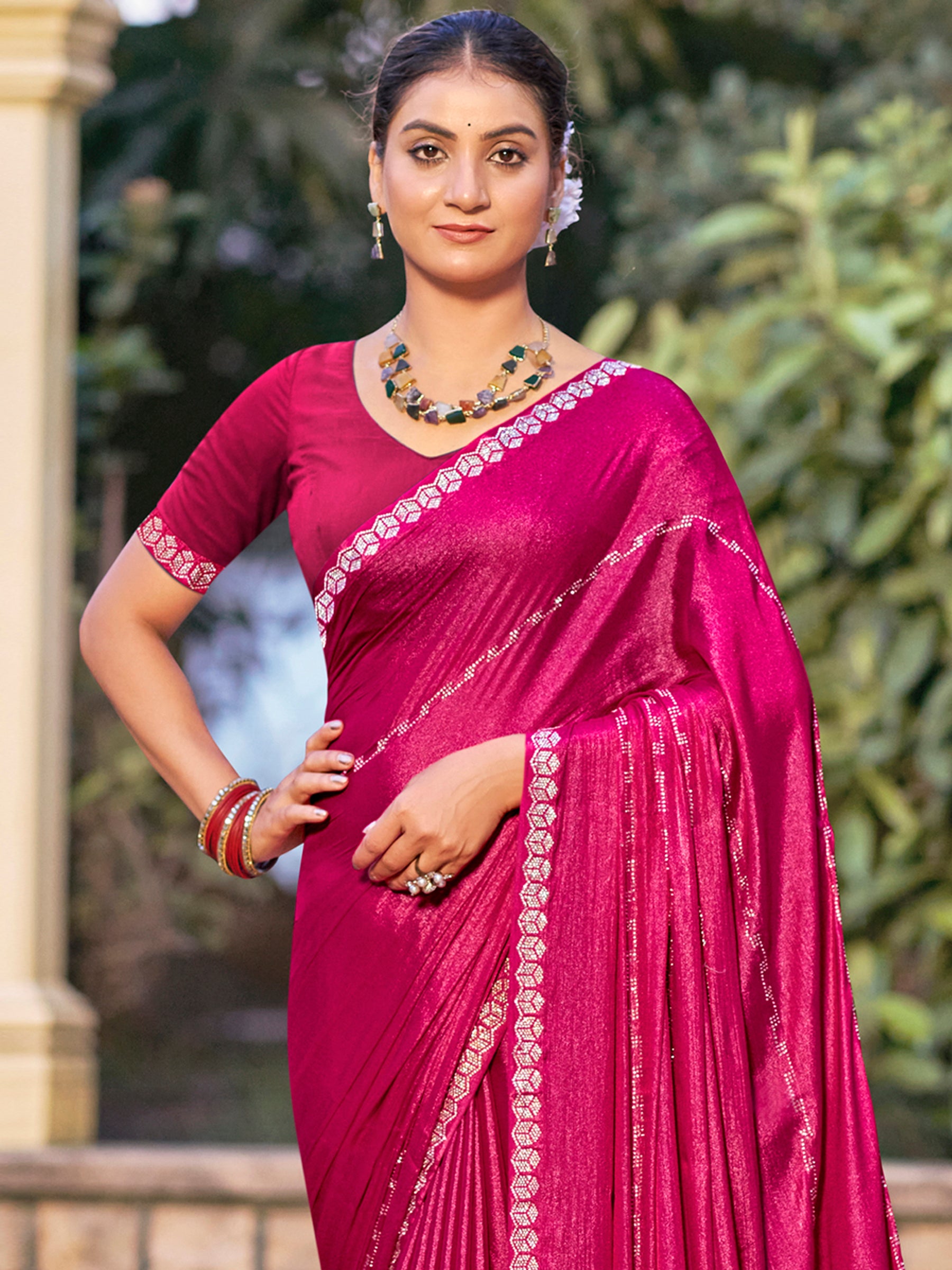 Magenta Shimmer Chiffon Saree with Crystal Embellished Border