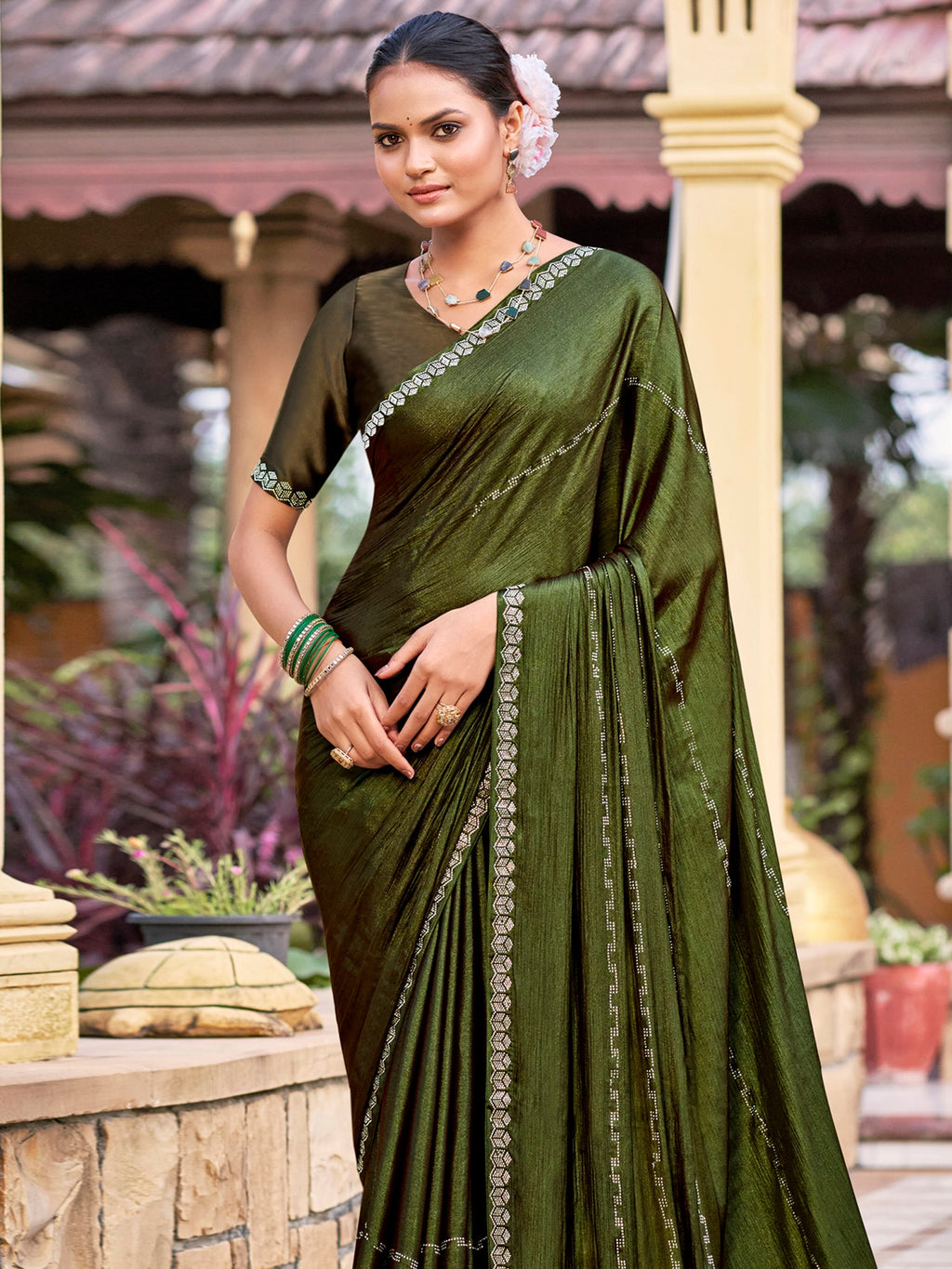 Olive Shimmer Chiffon Saree with Crystal Embellished Border