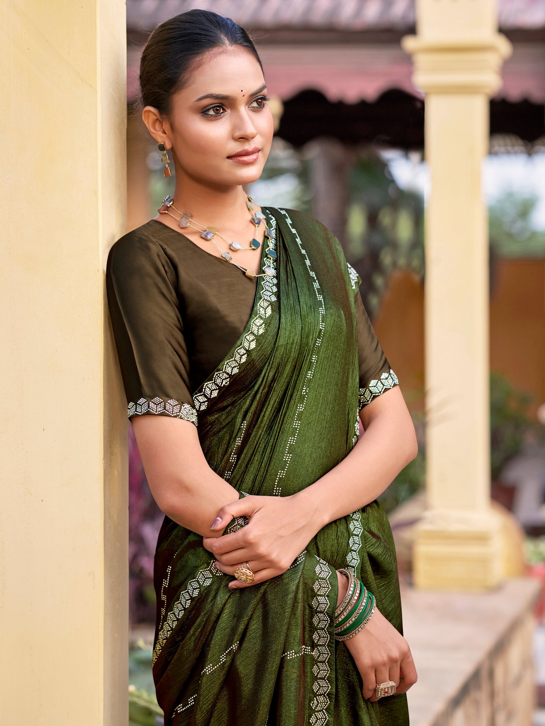 Olive Shimmer Chiffon Saree with Crystal Embellished Border