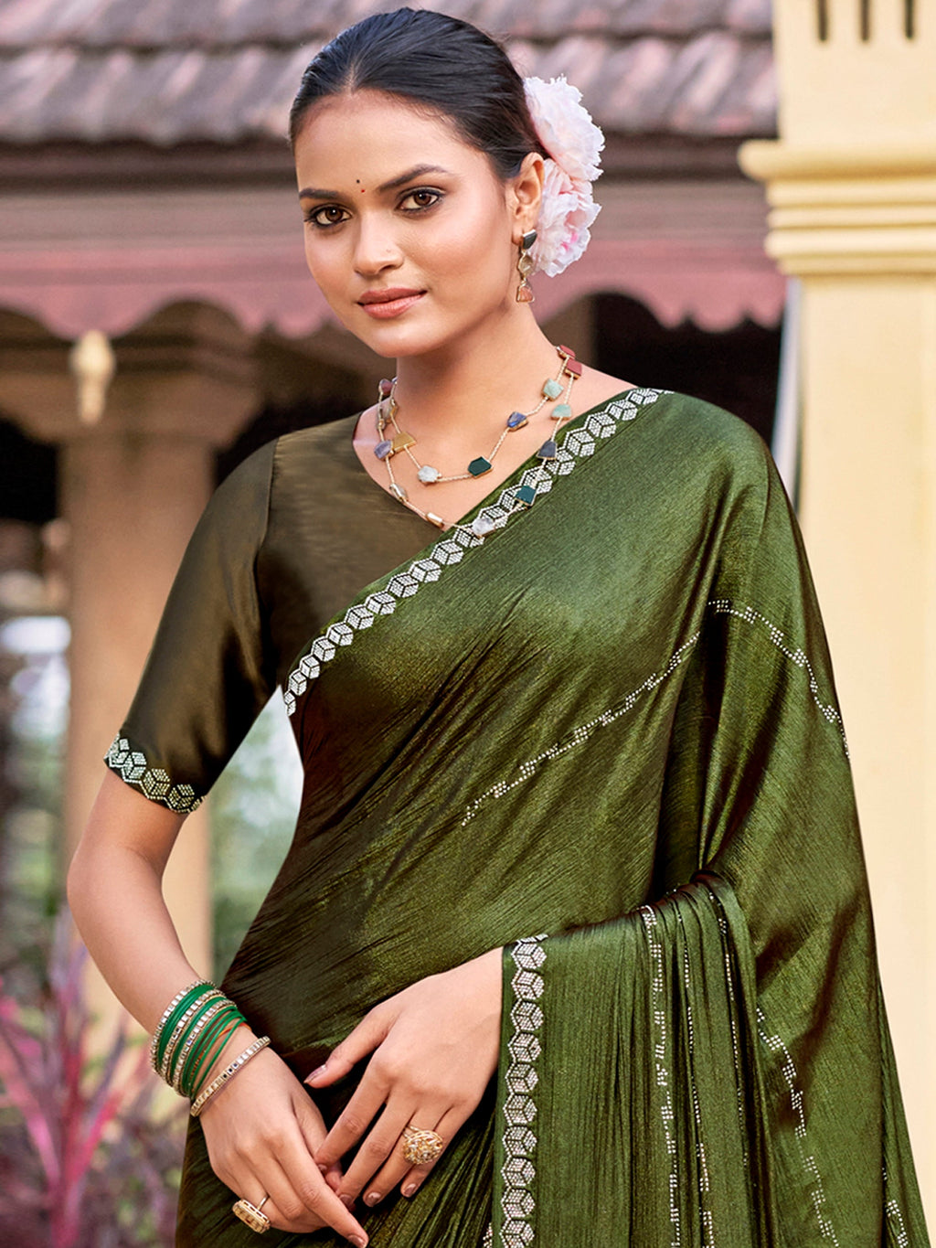 Olive Shimmer Chiffon Saree with Crystal Embellished Border