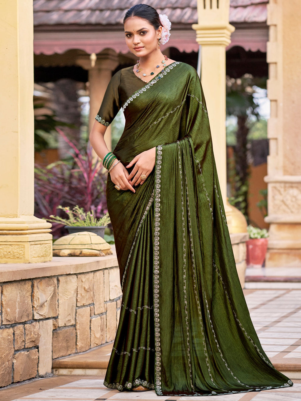 Olive shimmer chiffon saree with crystal line embellished border and matching blouse