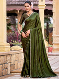 Olive shimmer chiffon saree with crystal line embellished border and matching blouse