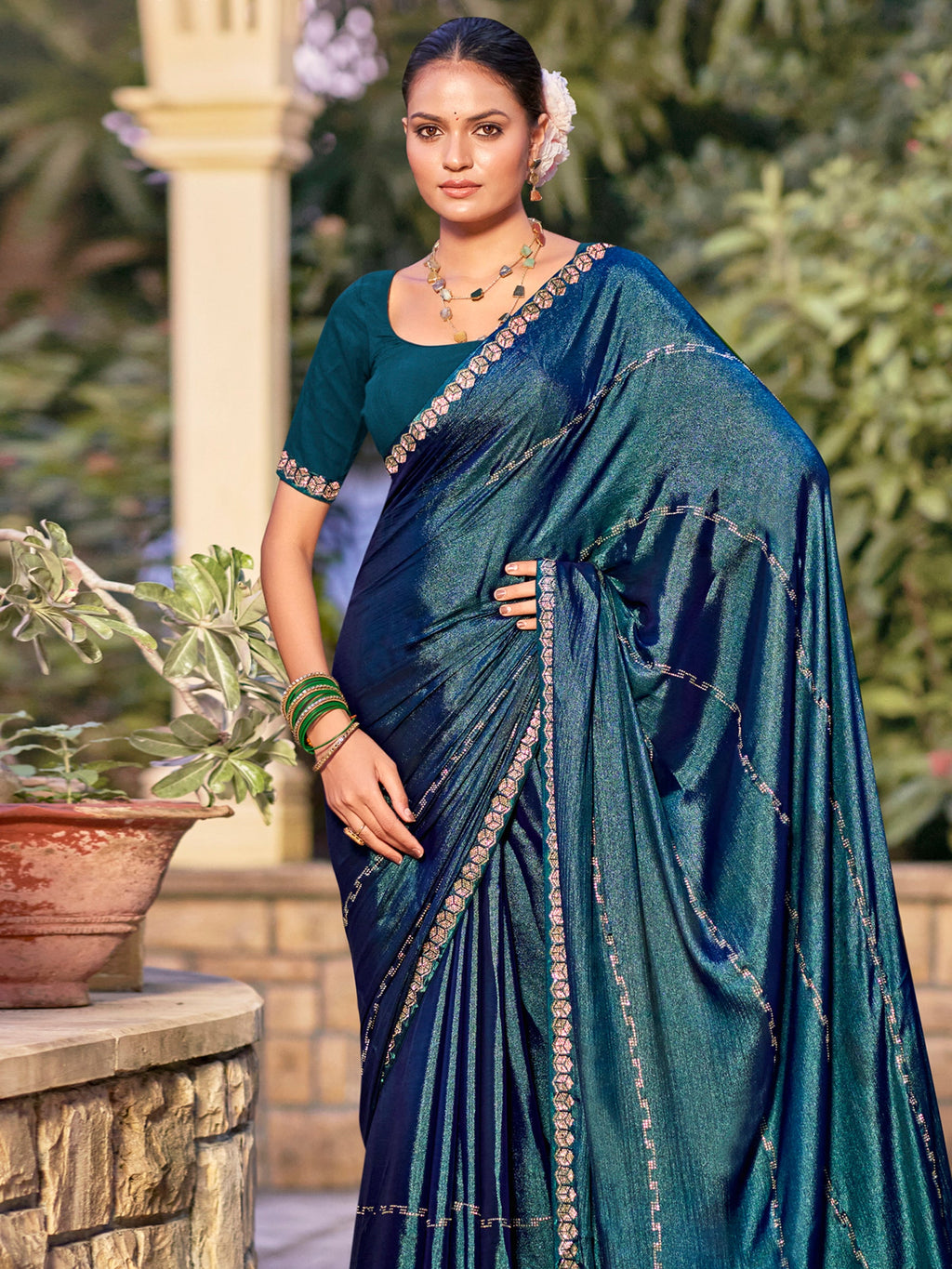 Teal Shimmer Chiffon Saree with Crystal Embellished Border