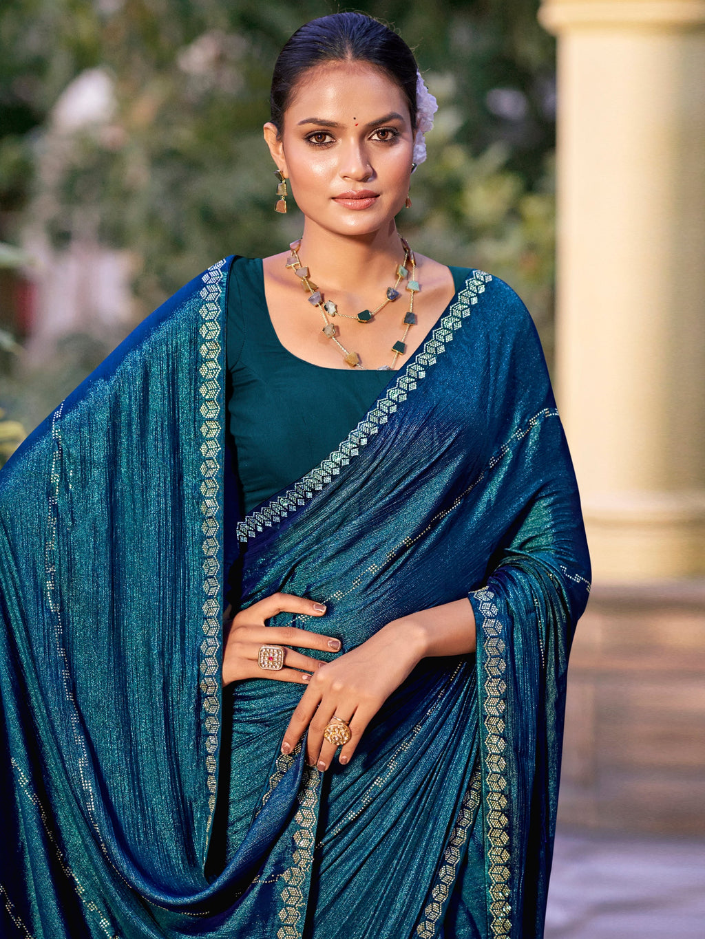 Teal Shimmer Chiffon Saree with Crystal Embellished Border