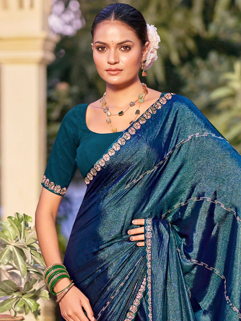 Teal Shimmer Chiffon Saree with Crystal Embellished Border