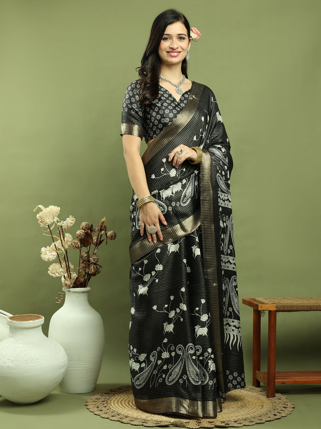 Black Silk Blend Saree with Floral Print and Checks Jari Weaving