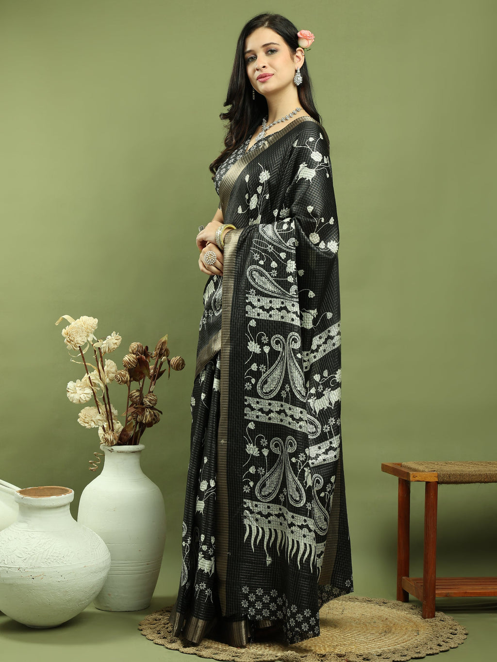 Black Silk Blend Saree with Floral Print and Checks Jari Weaving