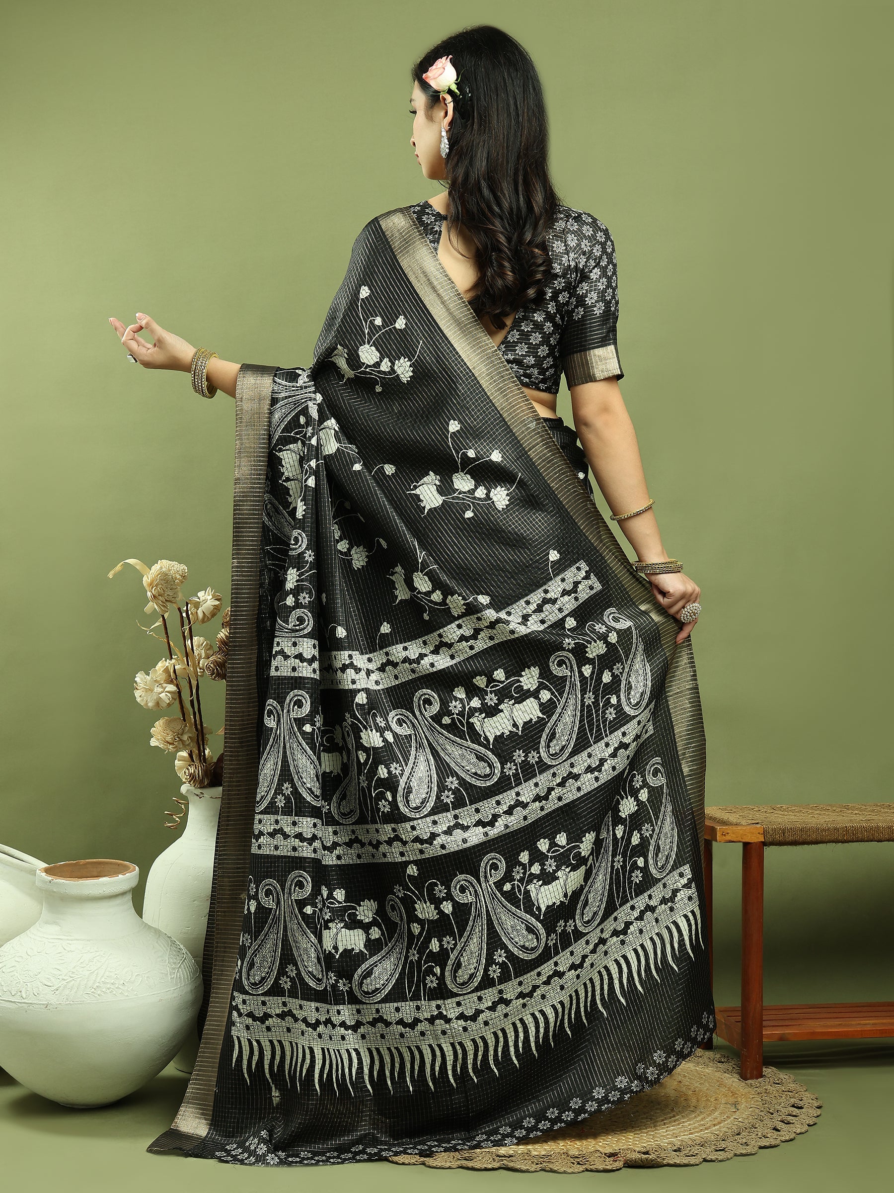 Black Silk Blend Saree with Floral Print and Checks Jari Weaving