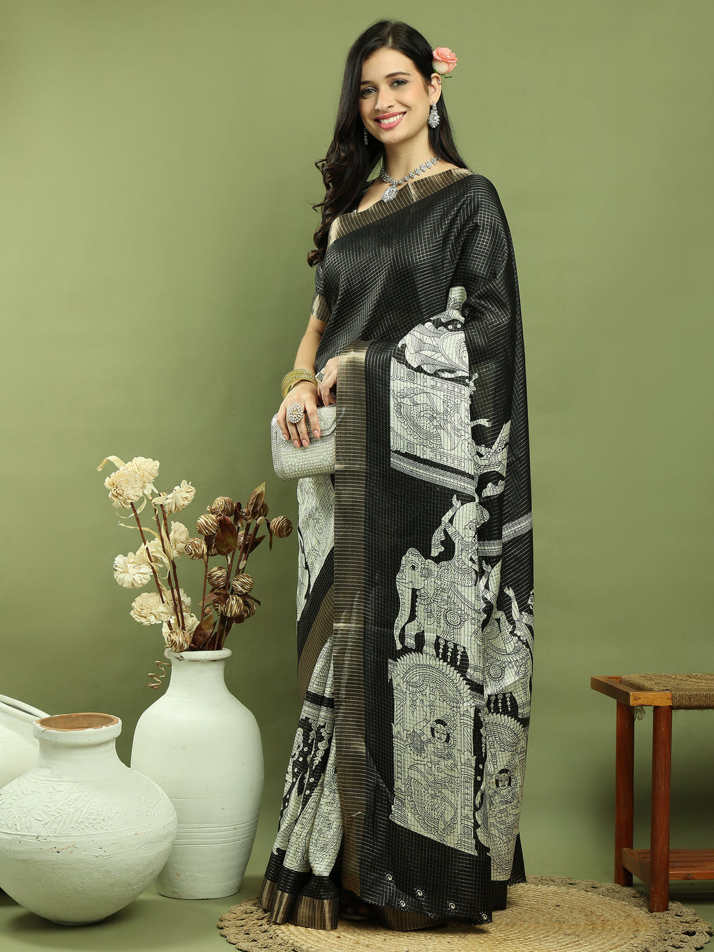 Jyoti Fashion Women's Black Silk Blend Print with Checks Jari Weaving Pattrn Saree with Blouse