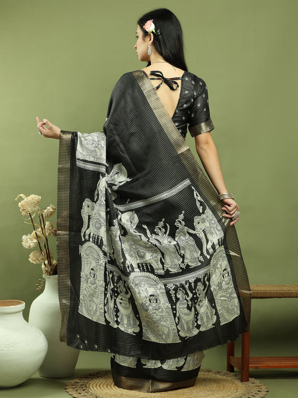 Jyoti Fashion Women's Black Silk Blend Print with Checks Jari Weaving Pattrn Saree with Blouse