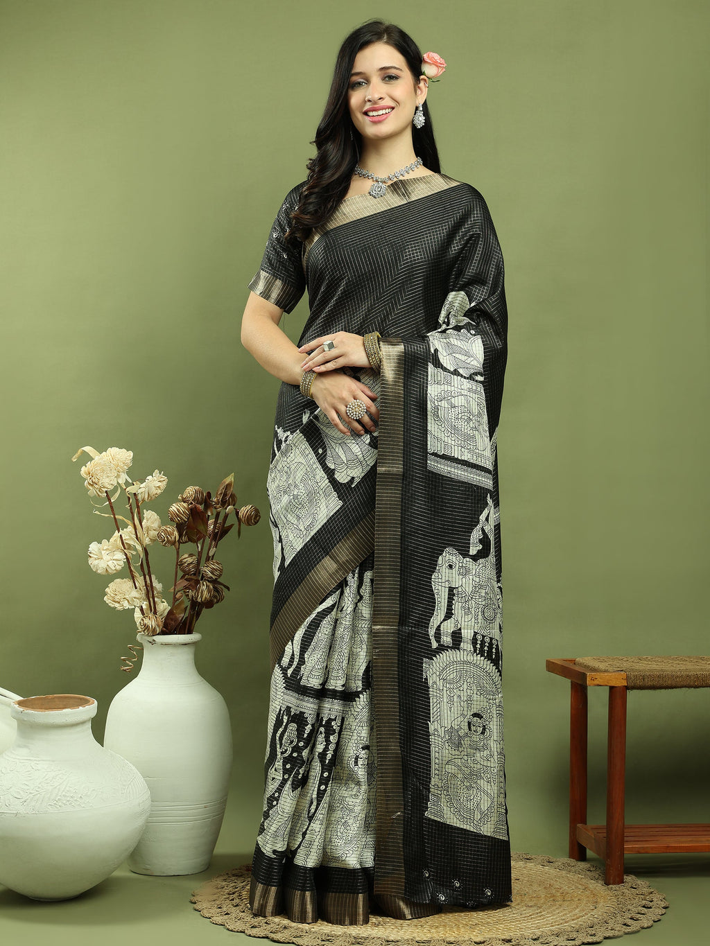 Jyoti Fashion Women's Black Silk Blend Print with Checks Jari Weaving Pattrn Saree with Blouse
