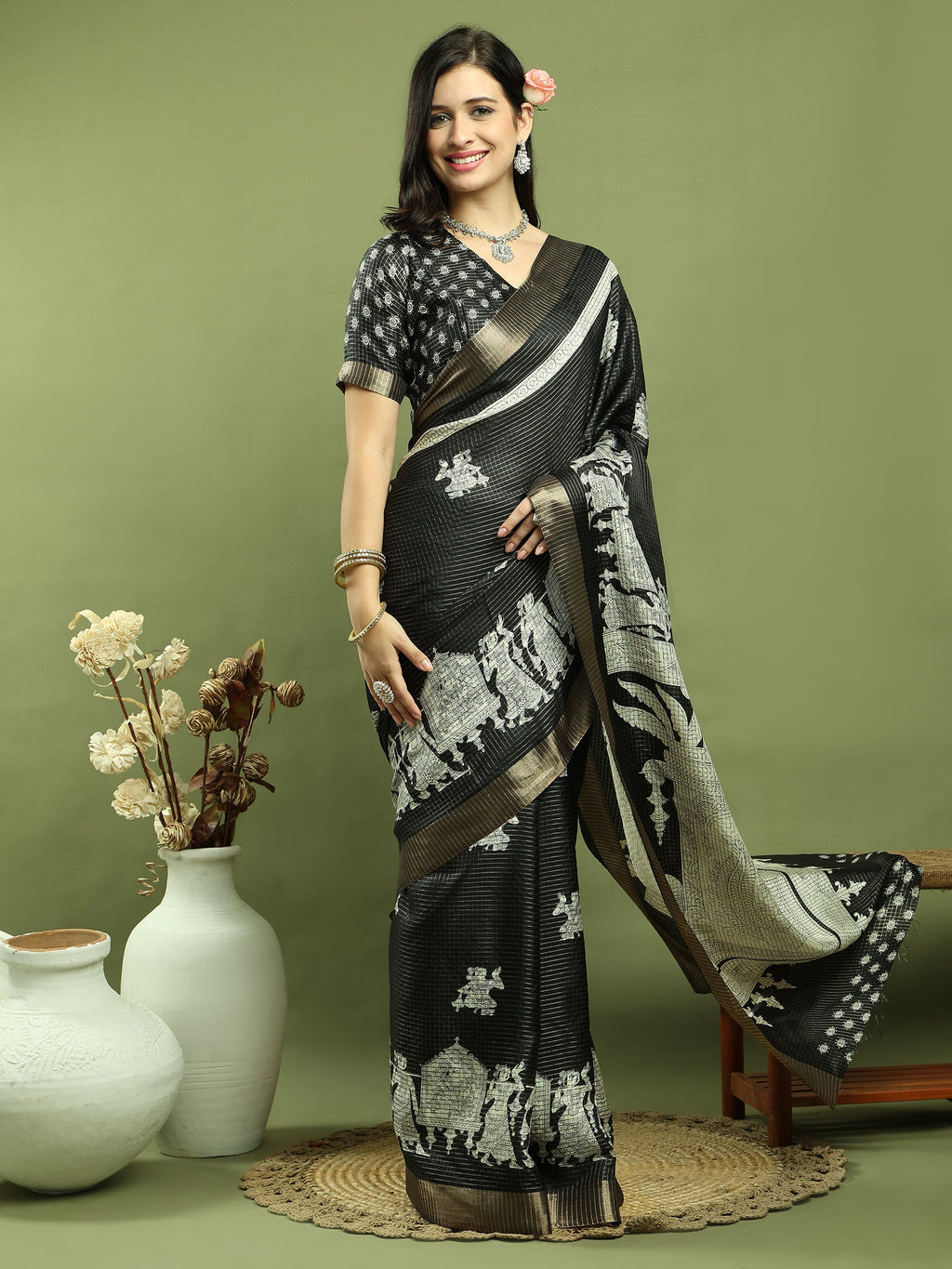 Black Silk Blend Saree with Checks Jari Weaving and Print