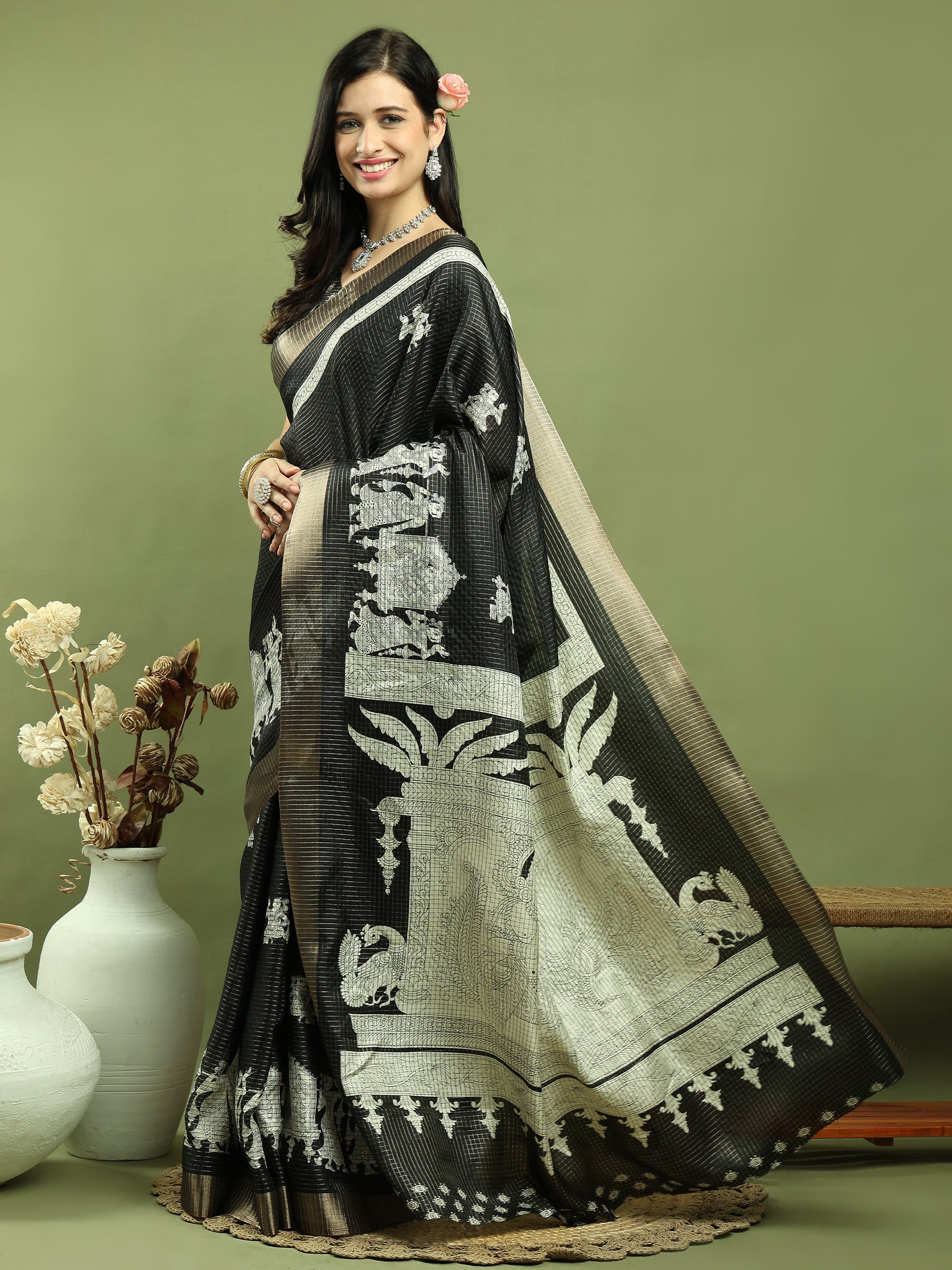 Black Silk Blend Saree with Checks Jari Weaving and Print