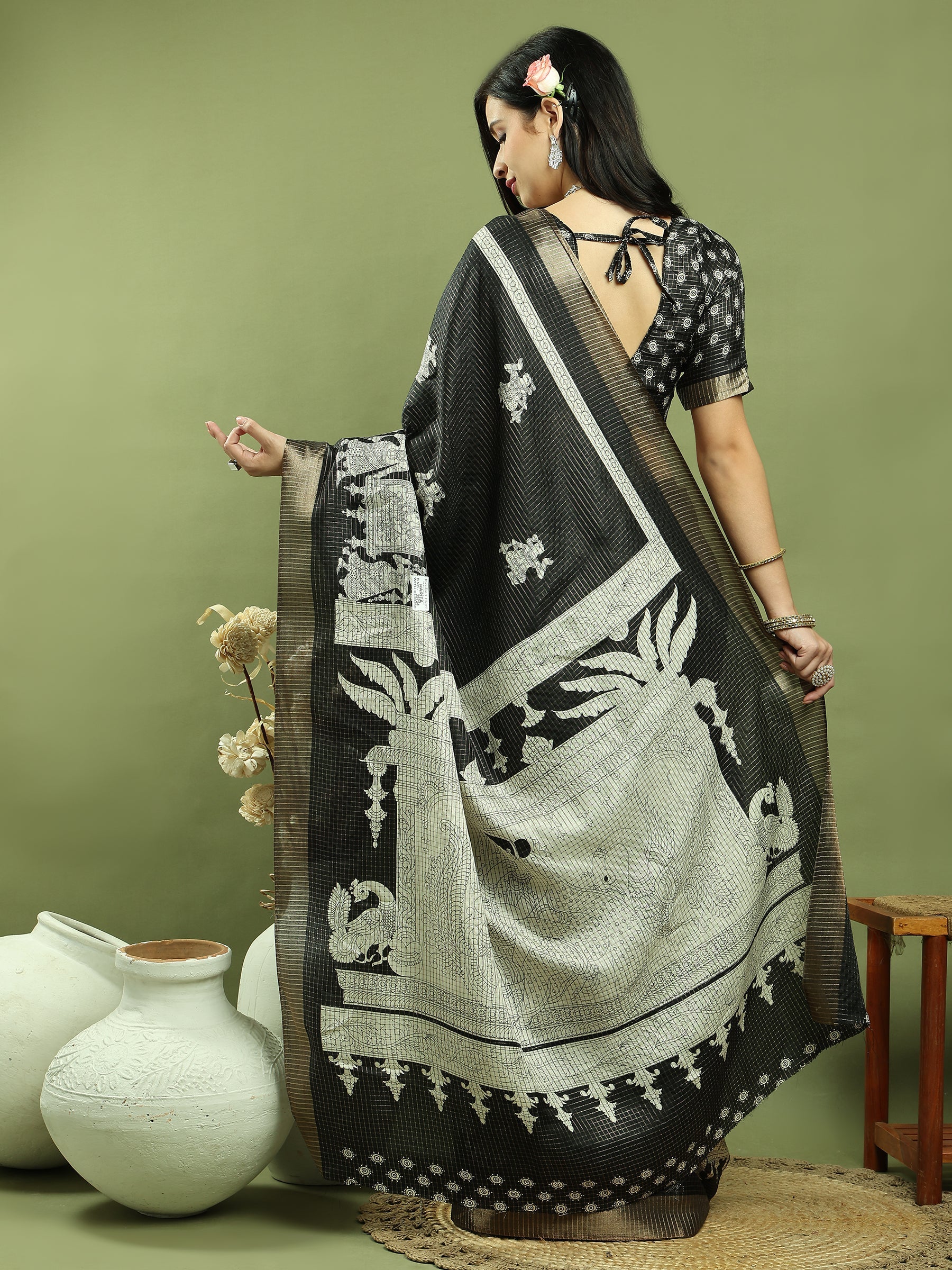 Black Silk Blend Saree with Checks Jari Weaving and Print