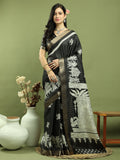Black silk blend saree with detailed checks Jari weaving and devotional prints.