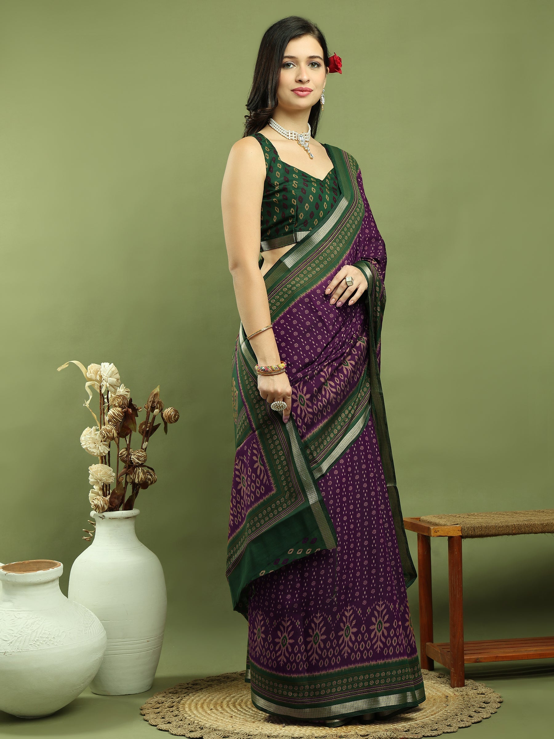 Purple Silk Blend Ikat Floral Print Saree with Jari Border