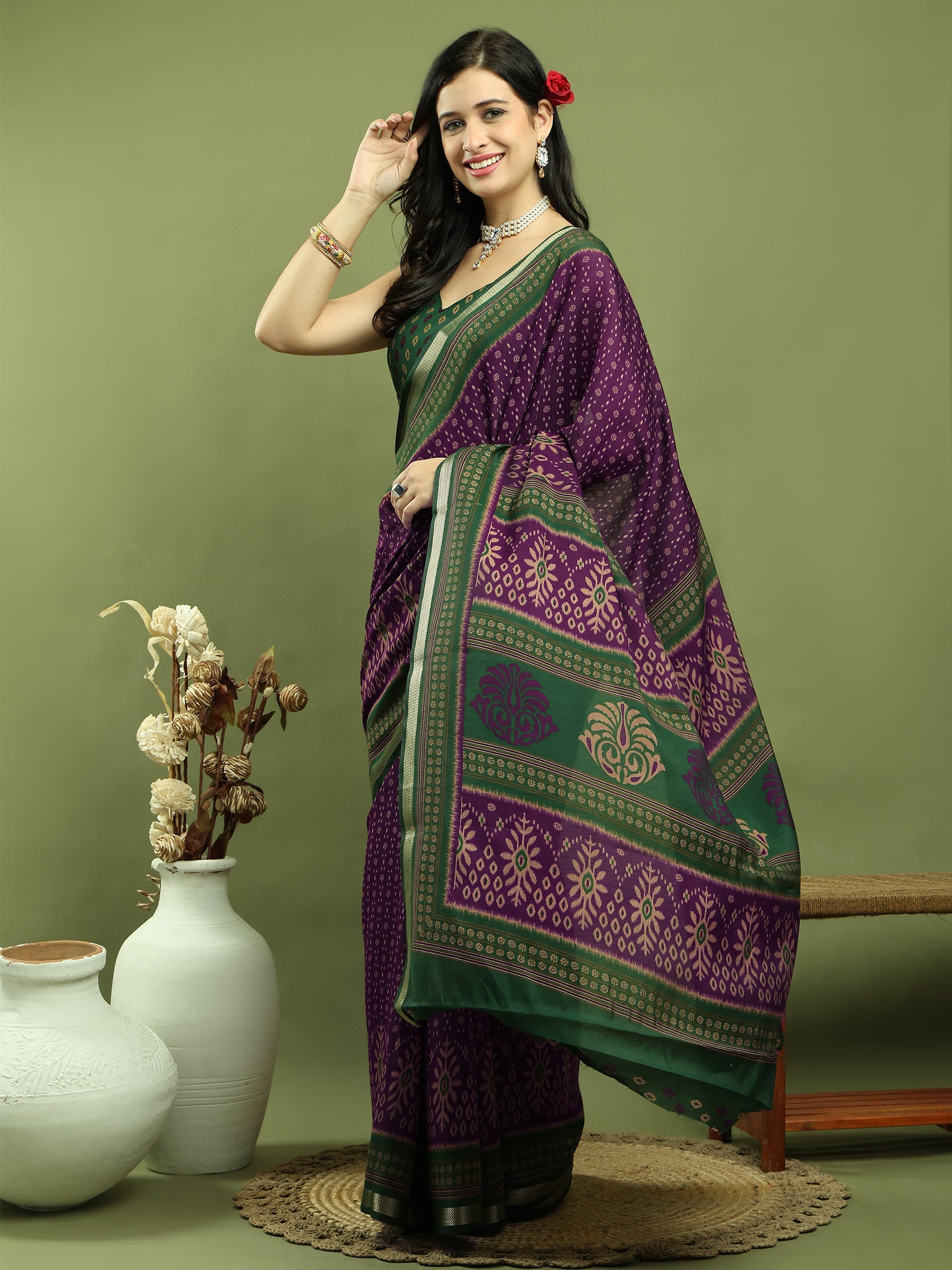 Purple Silk Blend Ikat Floral Print Saree with Jari Border