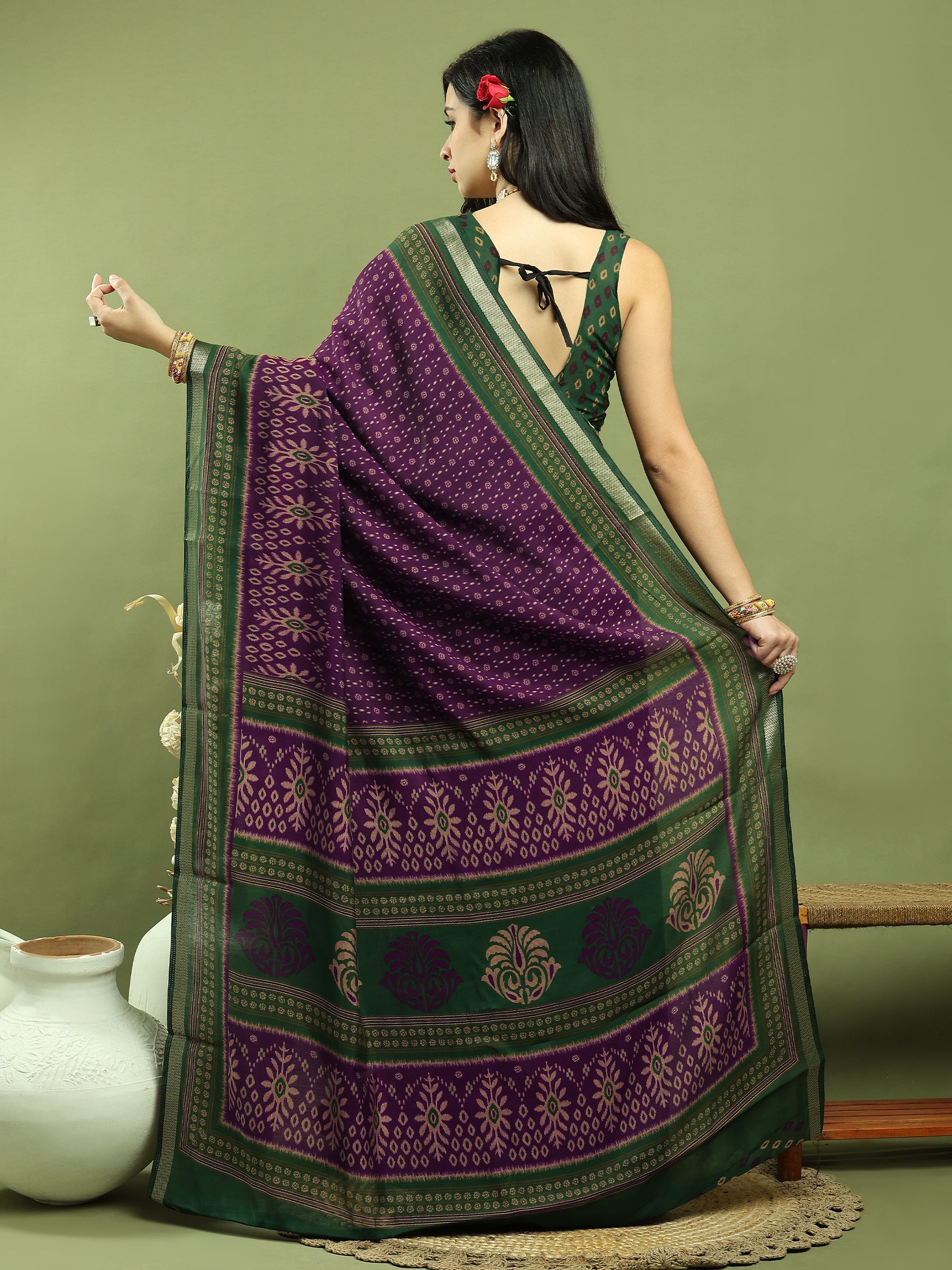 Purple Silk Blend Ikat Floral Print Saree with Jari Border