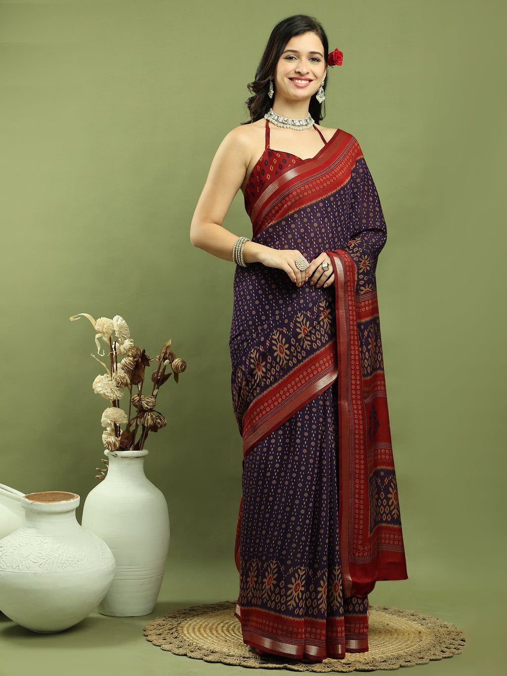 Violet Silk Blend Ikat Floral Print Saree with Jari Border