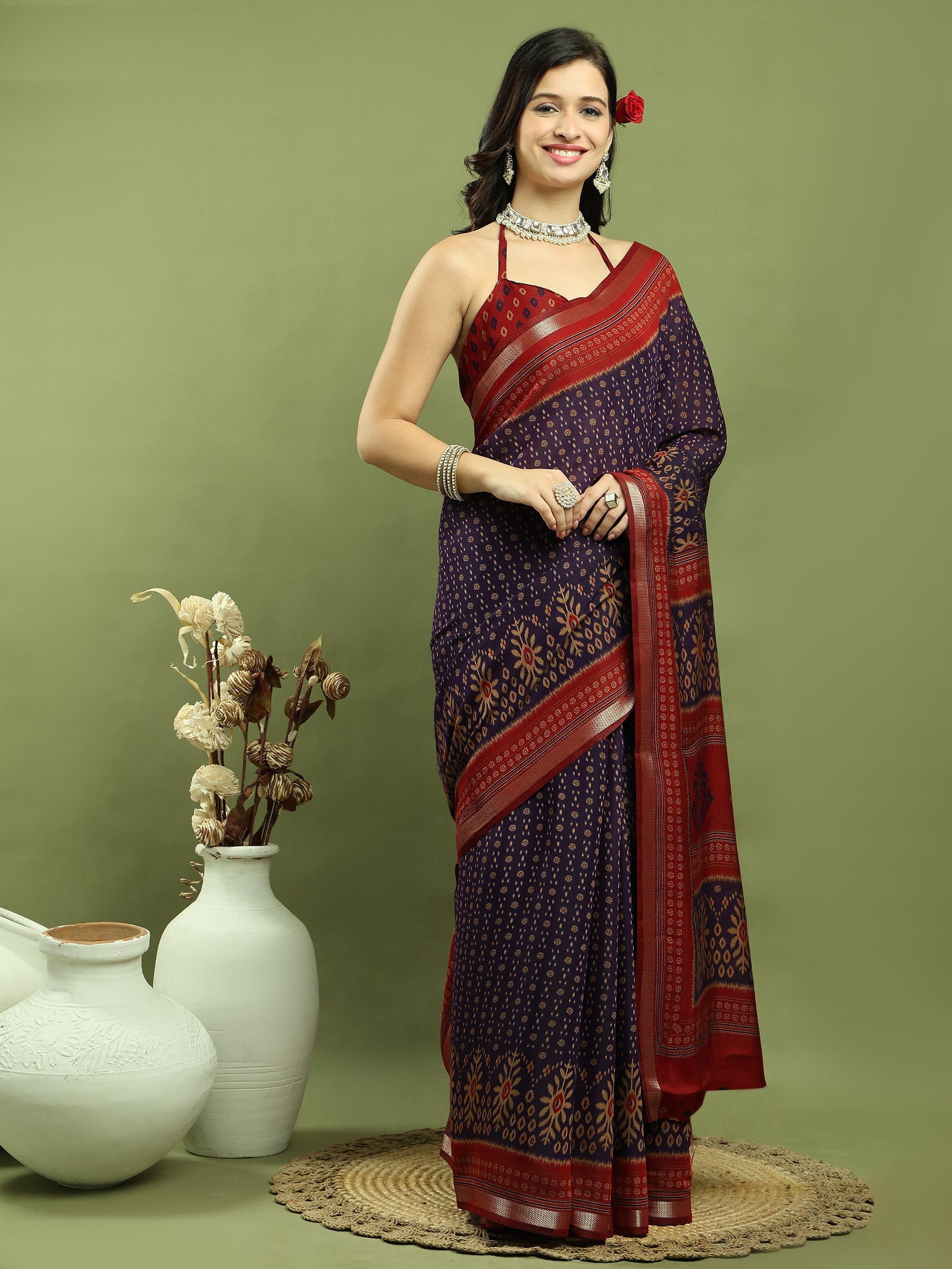 Violet Silk Blend Ikat Floral Print Saree with Jari Border