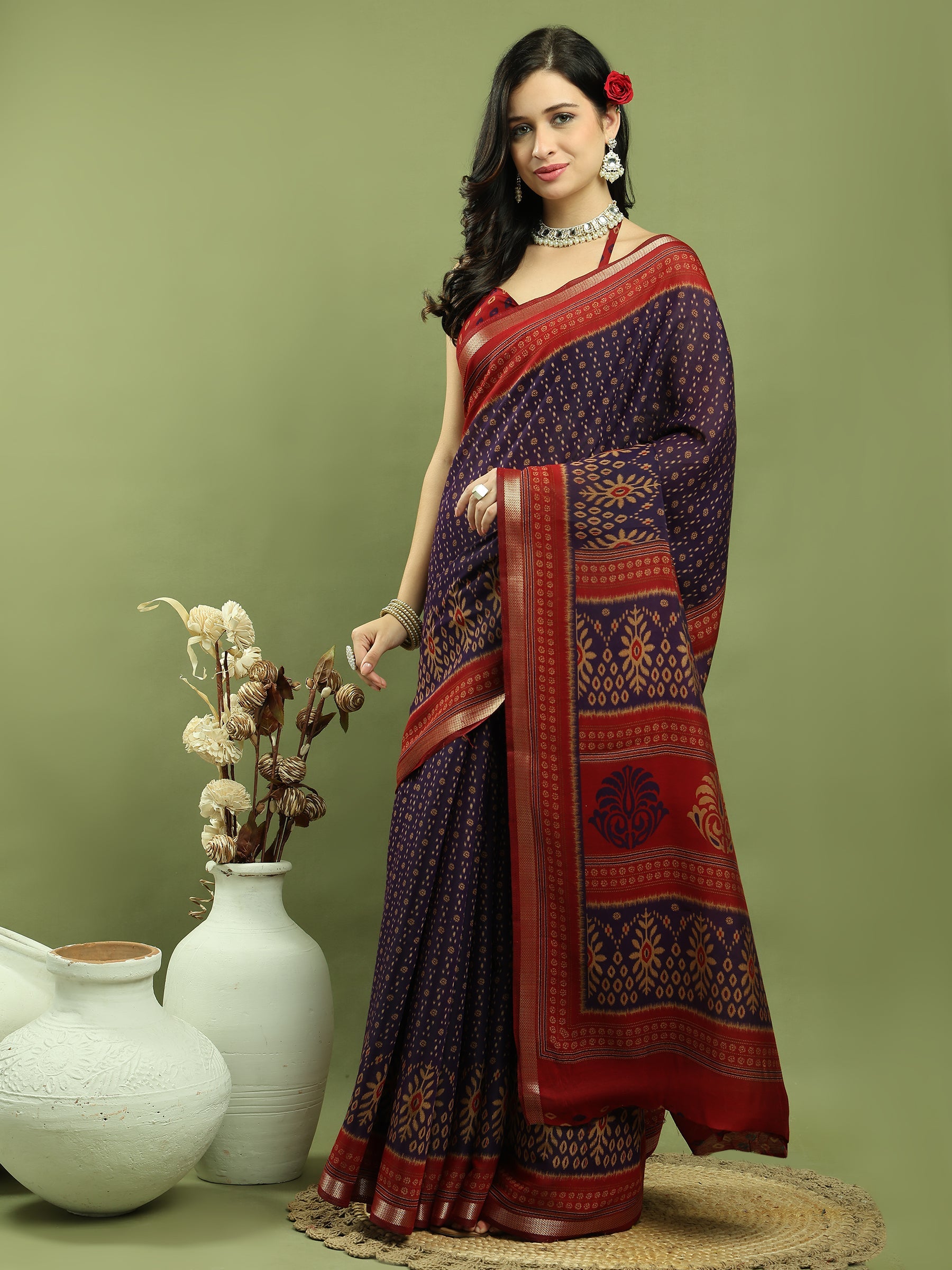 Violet Silk Blend Ikat Floral Print Saree with Jari Border