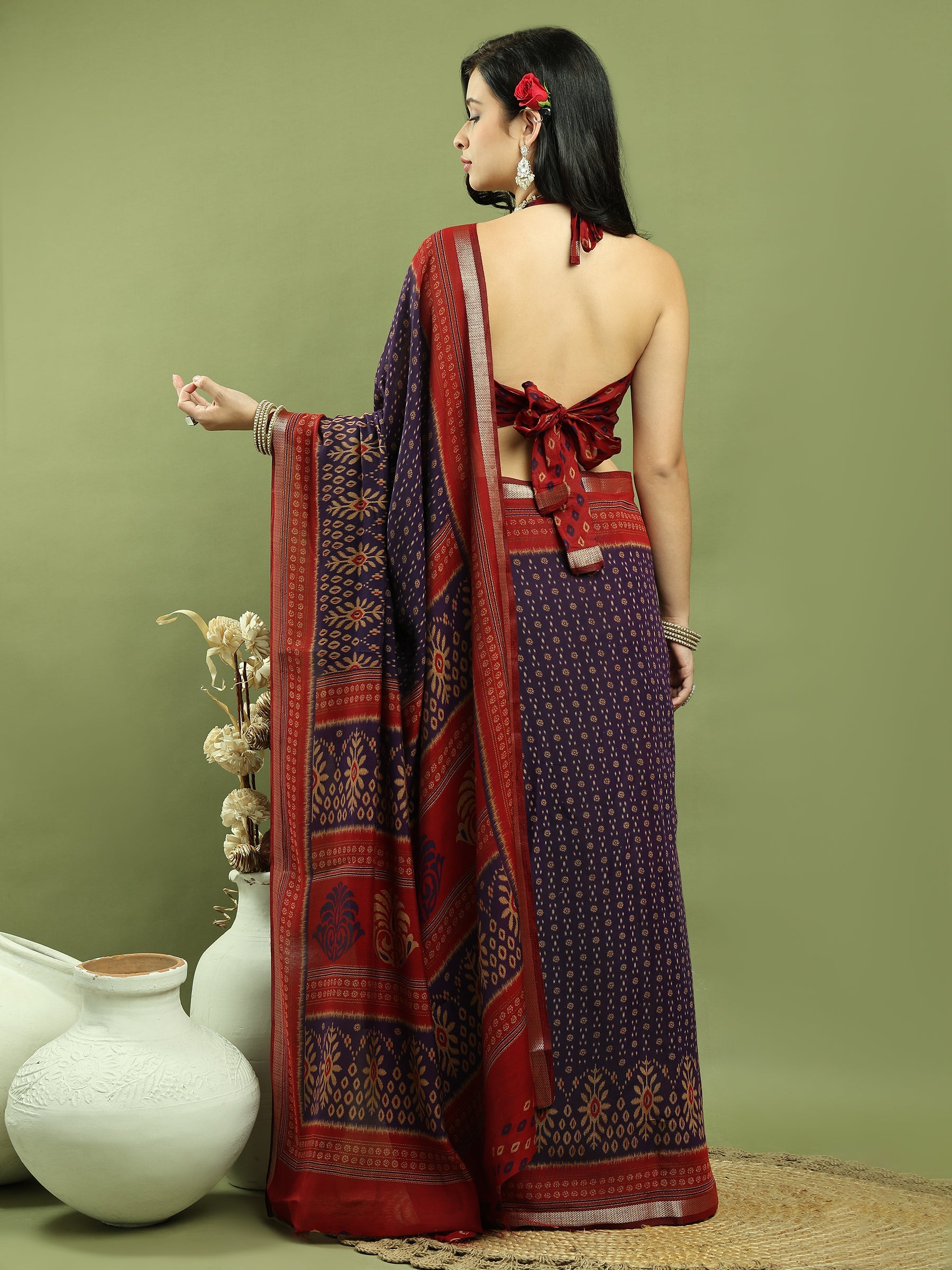 Violet Silk Blend Ikat Floral Print Saree with Jari Border