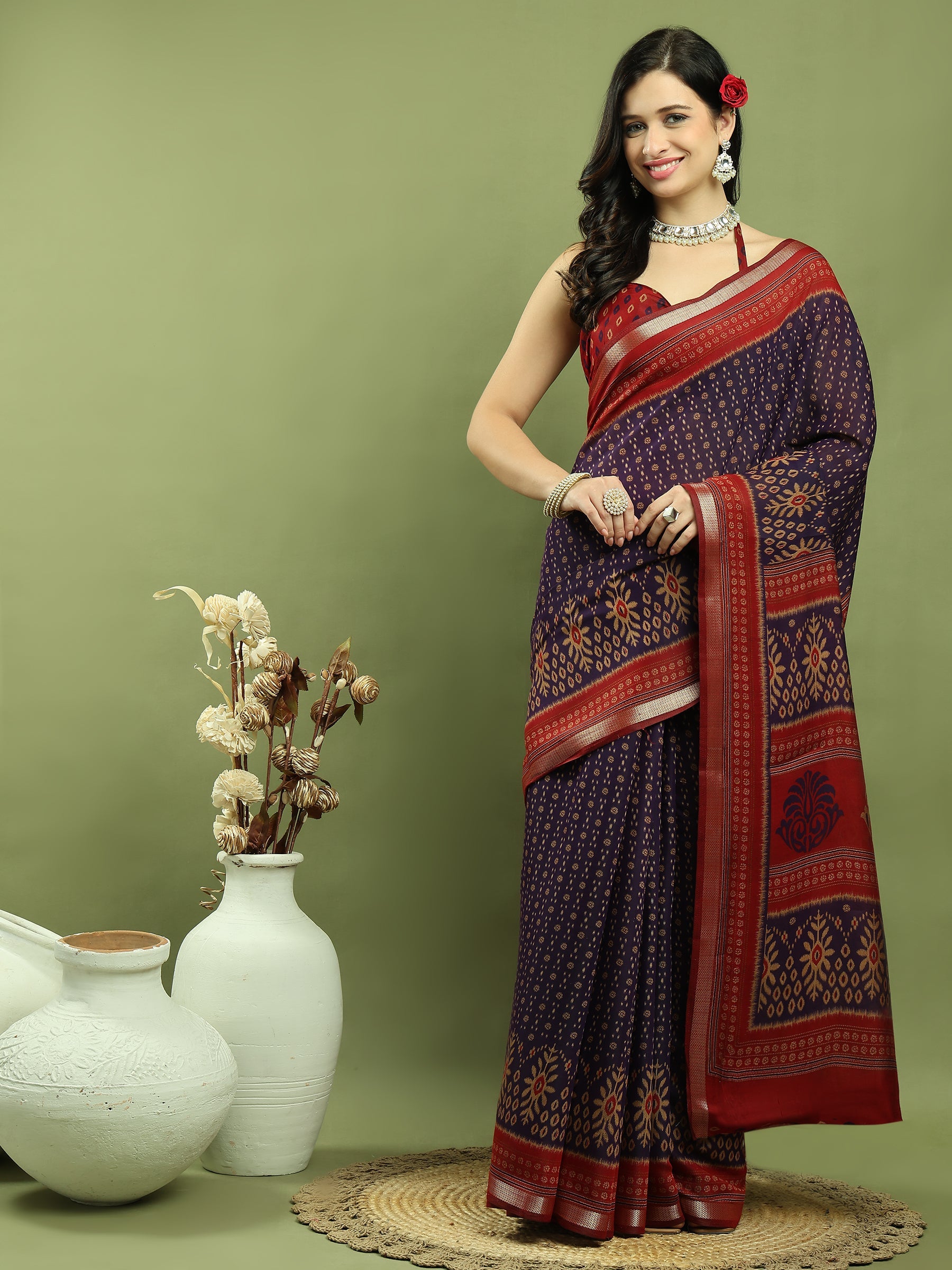 Violet silk blend Ikat floral print saree with gold Jari border
