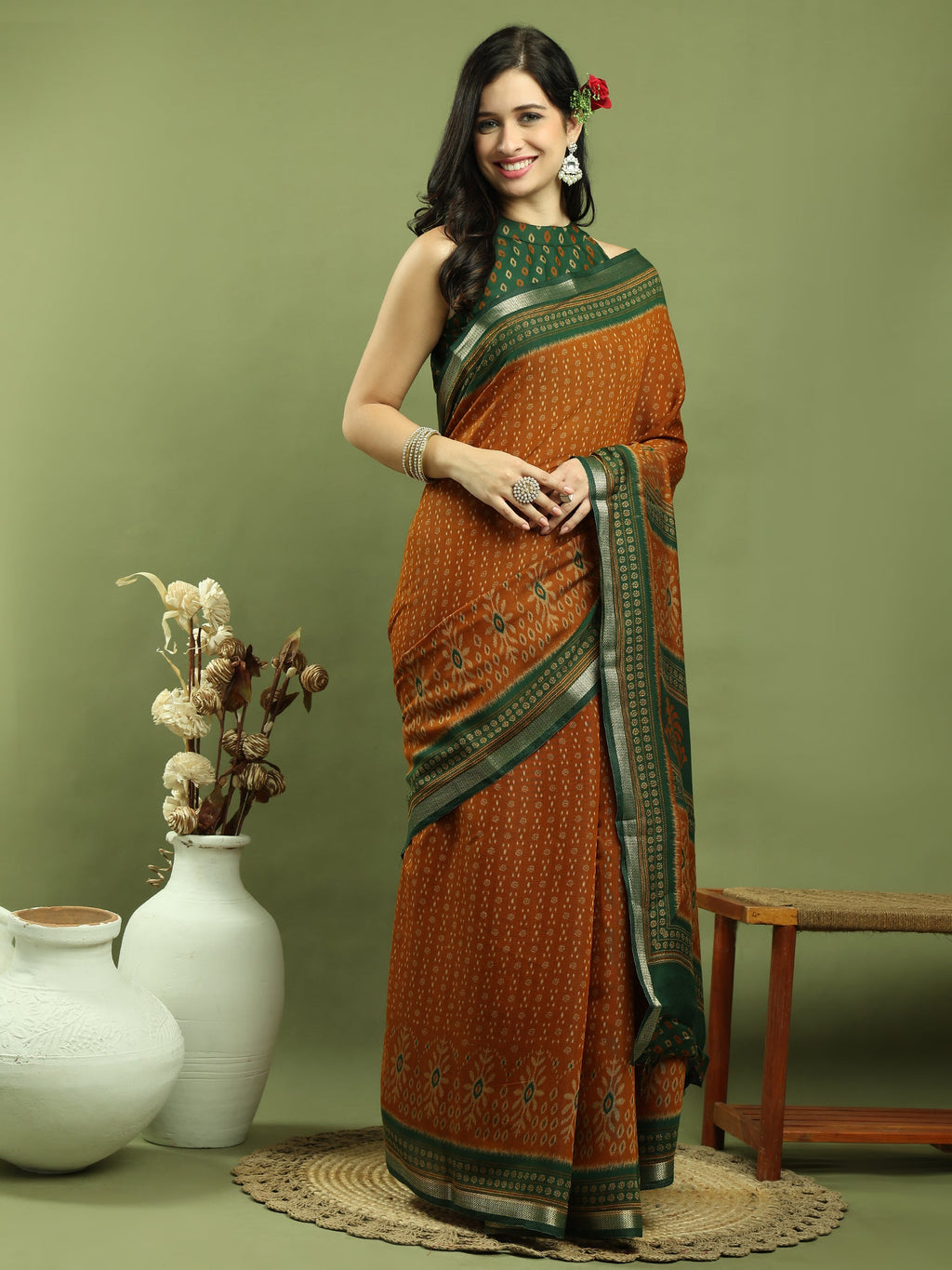 Mustard Silk Blend Ikat Floral Saree with Jari Border