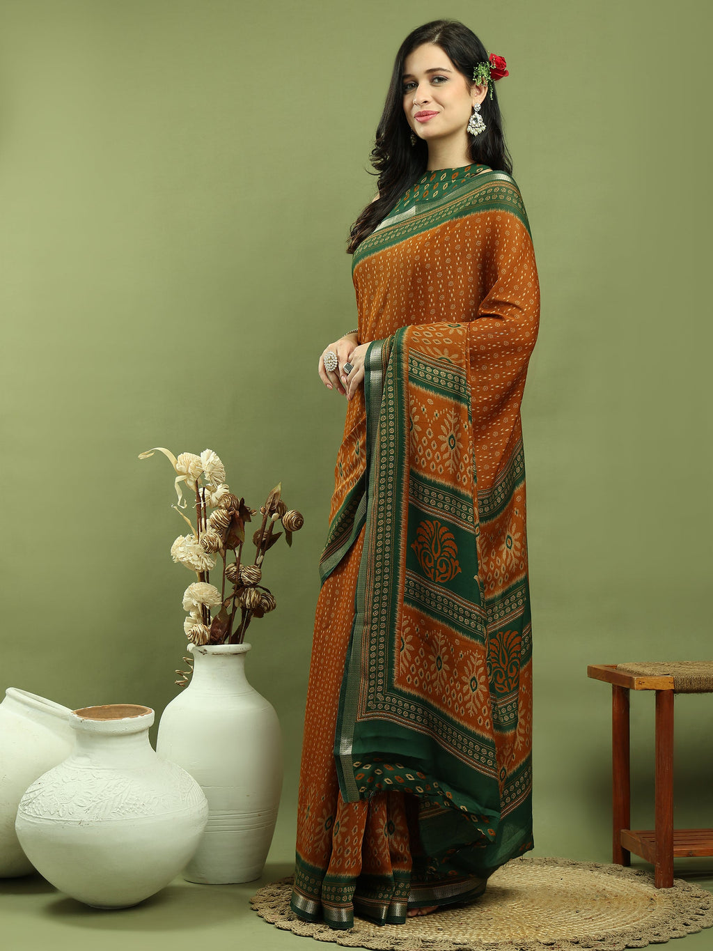 Mustard Silk Blend Ikat Floral Saree with Jari Border