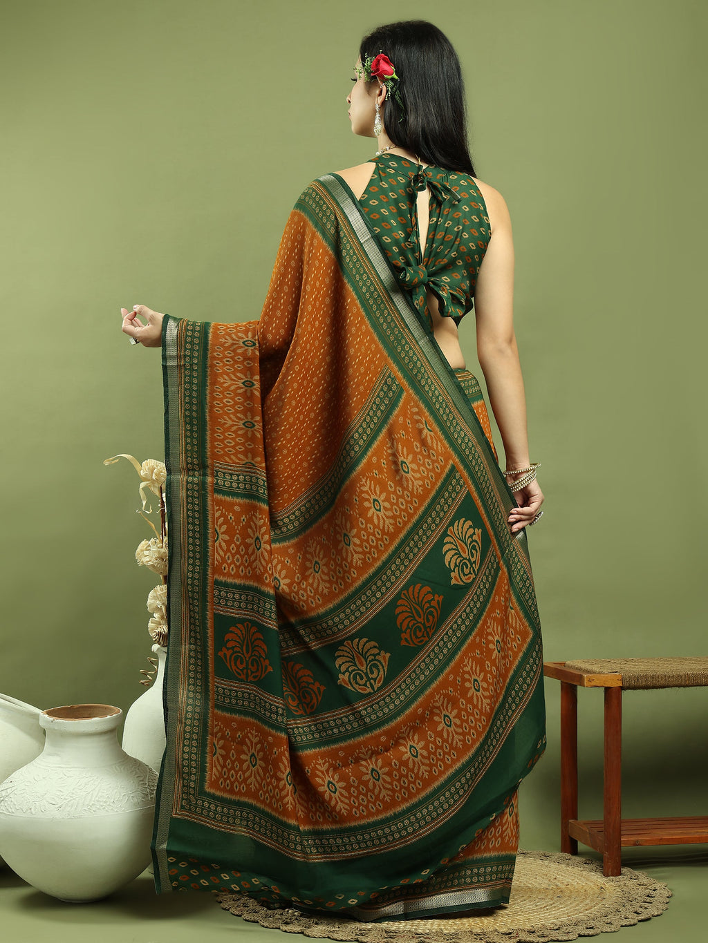 Mustard Silk Blend Ikat Floral Saree with Jari Border