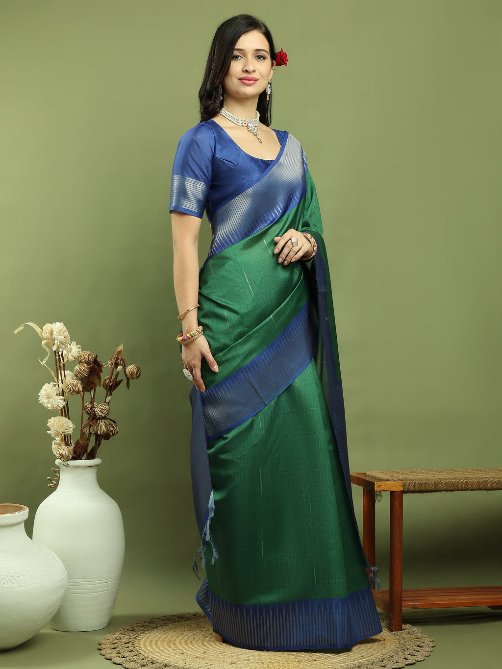 Green Silk Blend Ikat Saree with Traditional Jari Border