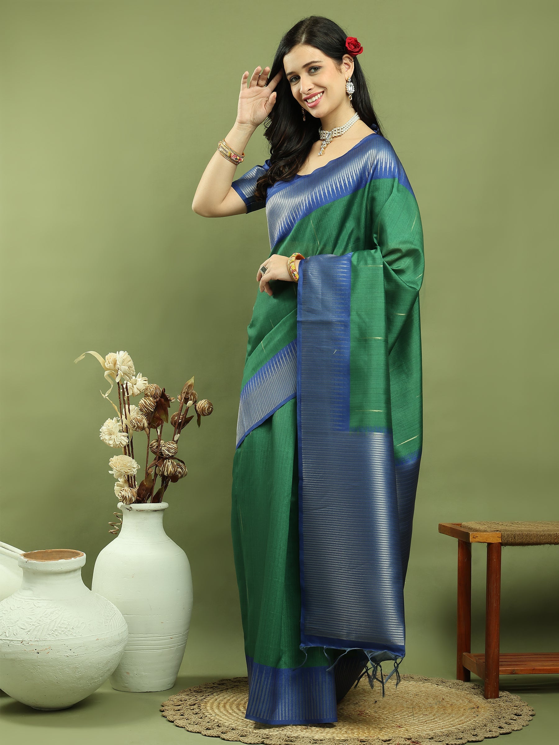 Green Silk Blend Ikat Saree with Traditional Jari Border